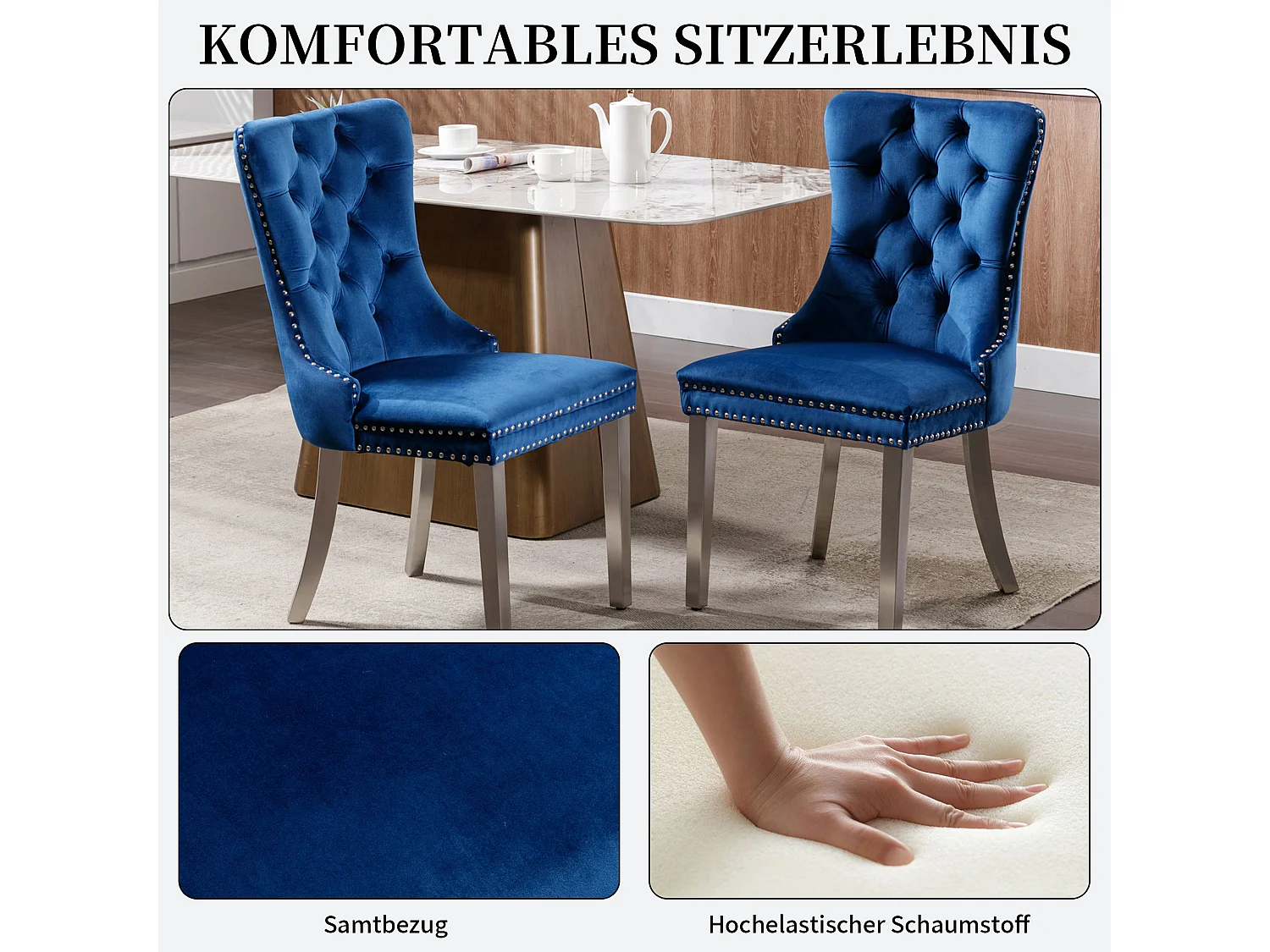 Set van 2 fluwelen eetkamerstoelen in Franse luxestijl met gecapitonneerde rug