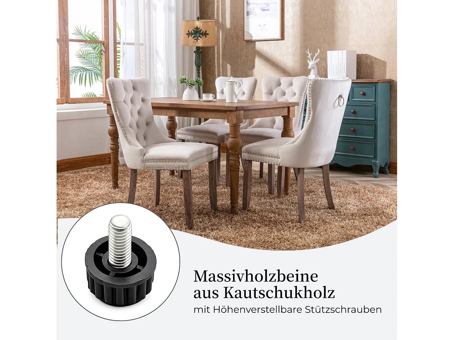 Esszimmerstühle 2er-Set Küchenstuhl Samtbezug, Holzfüße mit Verstellbaren Schrauben, Polsterstuhl mit Ringgriff, Niete und Knopf-Rückenlehne