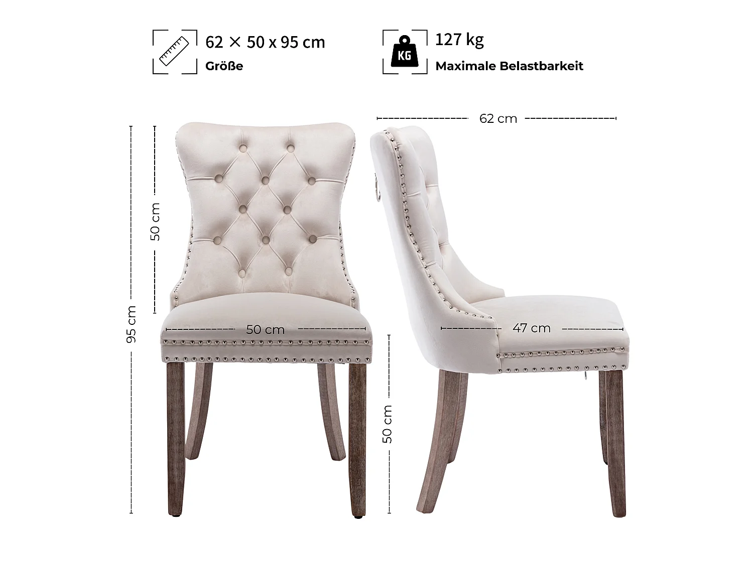 Set van 2 fluwelen eetkamerstoelen met hoge rugleuning en knoopdetails