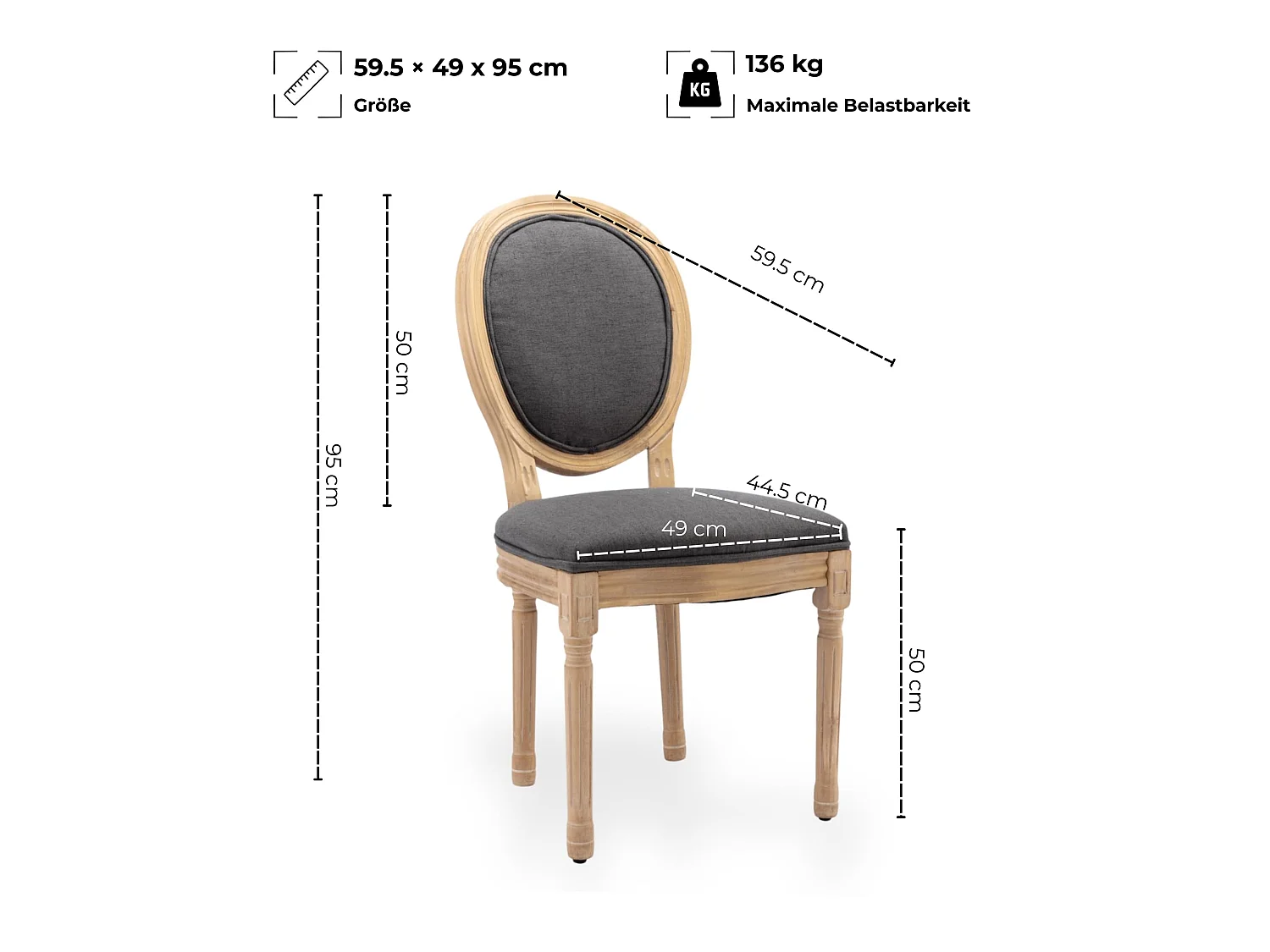 Klassischer Esszimmerstuhl 2er Set Küchenstuhl aus Massivholz-Gestell, mit Ovaler Rückenlehne, Polsterstuhl inkl. Leinenbezug Sitzfläche