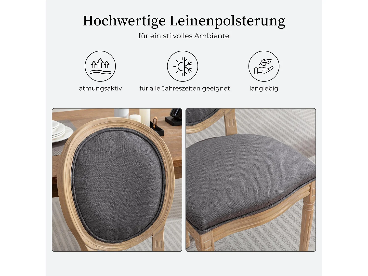 Klassischer Esszimmerstuhl 2er Set Küchenstuhl aus Massivholz-Gestell, mit Ovaler Rückenlehne, Polsterstuhl inkl. Leinenbezug Sitzfläche