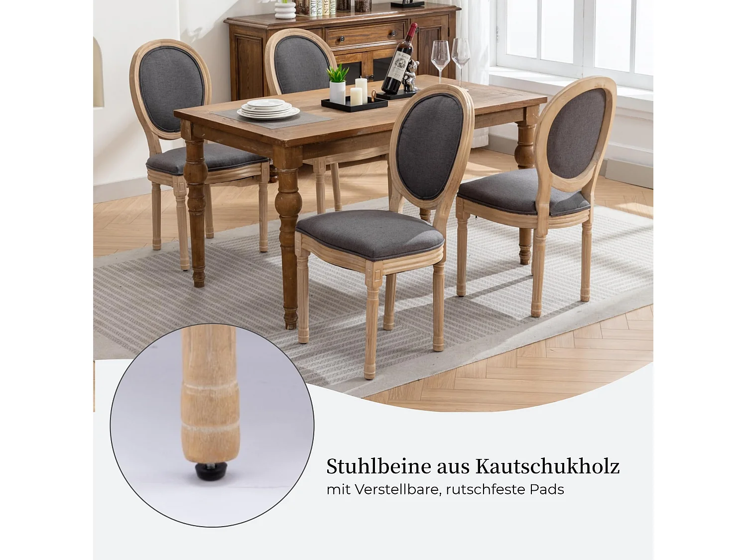 Klassischer Esszimmerstuhl 2er Set Küchenstuhl aus Massivholz-Gestell, mit Ovaler Rückenlehne, Polsterstuhl inkl. Leinenbezug Sitzfläche