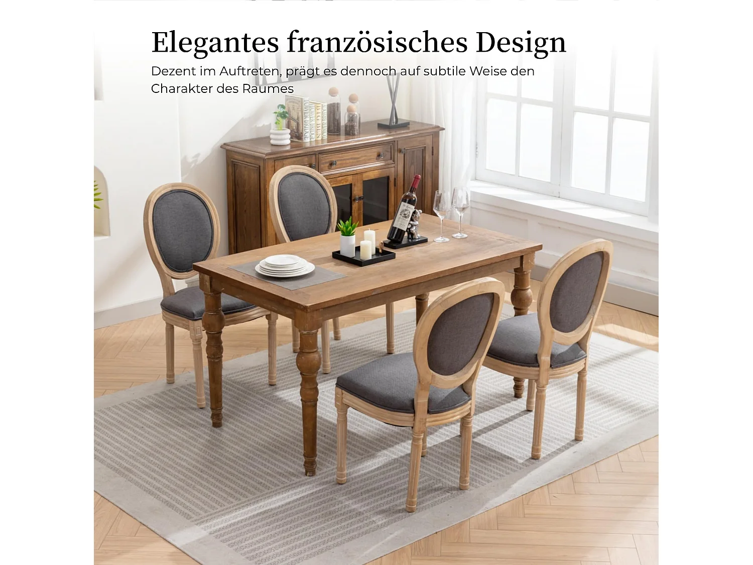 Klassischer Esszimmerstuhl 2er Set Küchenstuhl aus Massivholz-Gestell, mit Ovaler Rückenlehne, Polsterstuhl inkl. Leinenbezug Sitzfläche