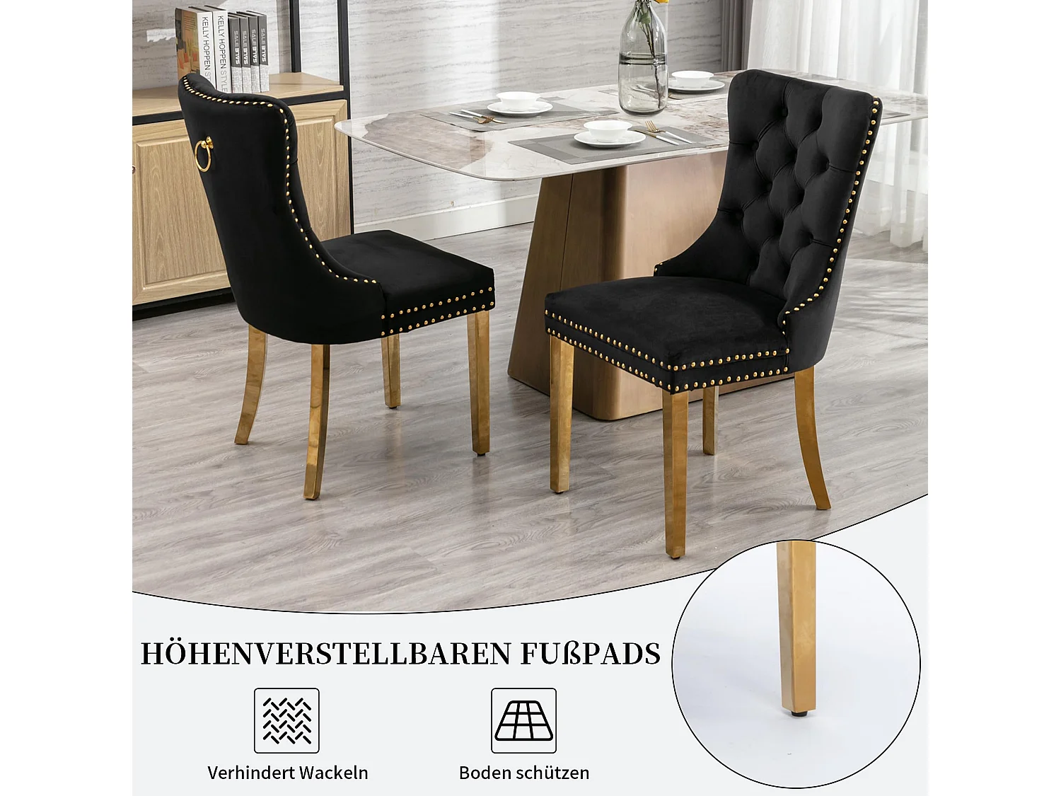 Esszimmerstühle 2er Set aus Samt, moderner Küchenstuhl, Polsterstuhl mit Ringgriff, Nieten und Knopf-Rückenlehne, Metallbein mit verstellbaren Fußpads