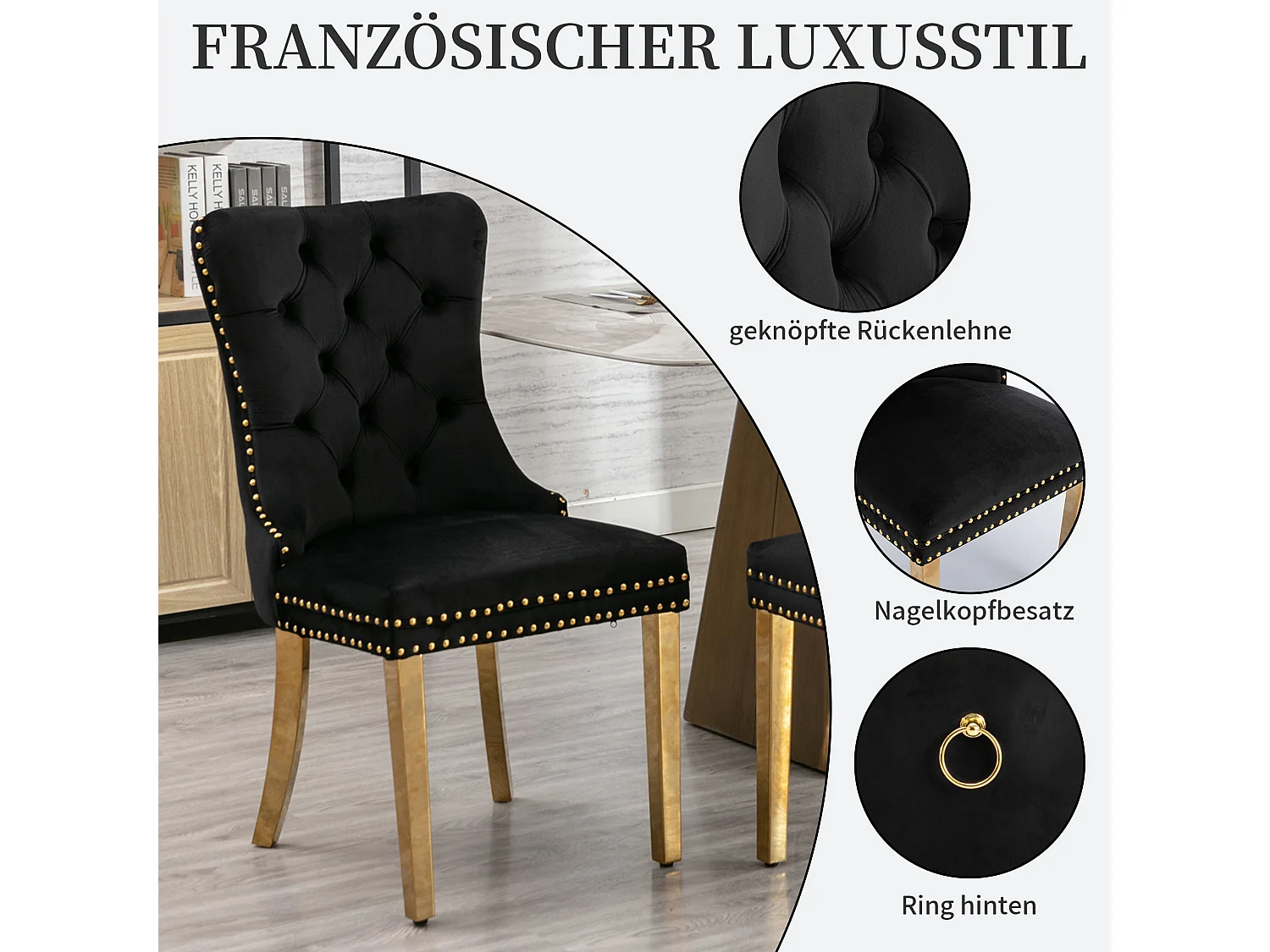 Set van 2 fluwelen eetkamerstoelen in Franse luxestijl met gecapitonneerde rug