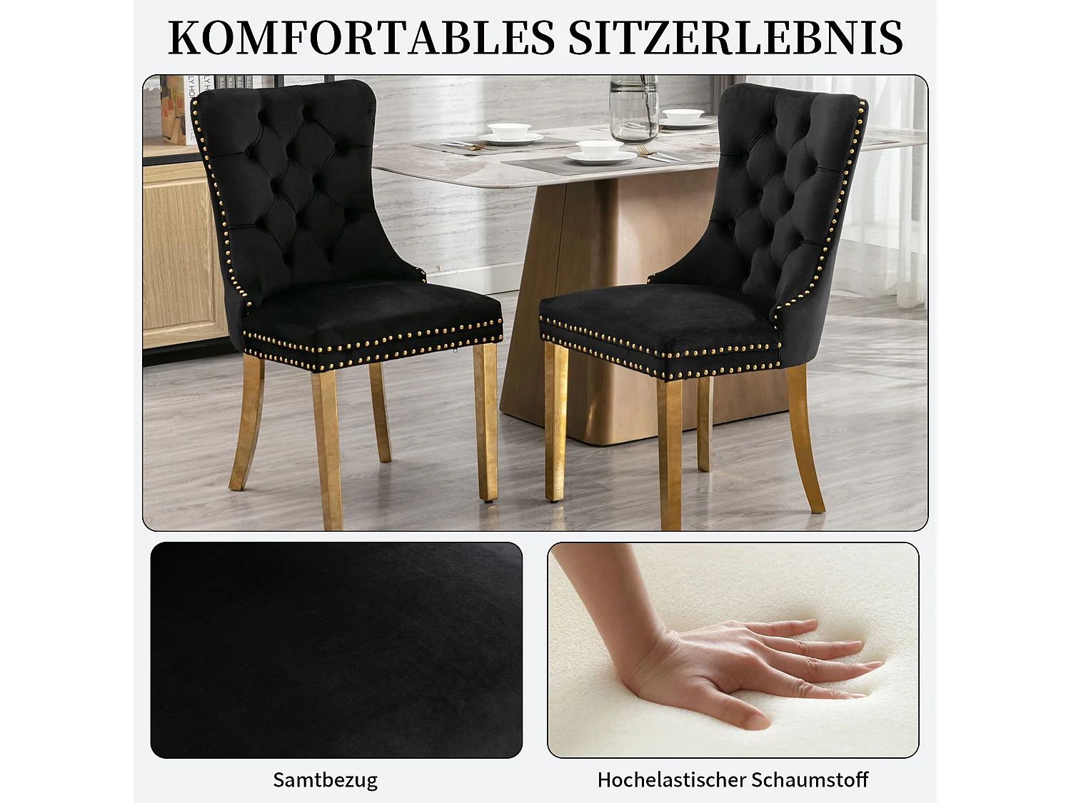 Set van 2 fluwelen eetkamerstoelen in Franse luxestijl met gecapitonneerde rug