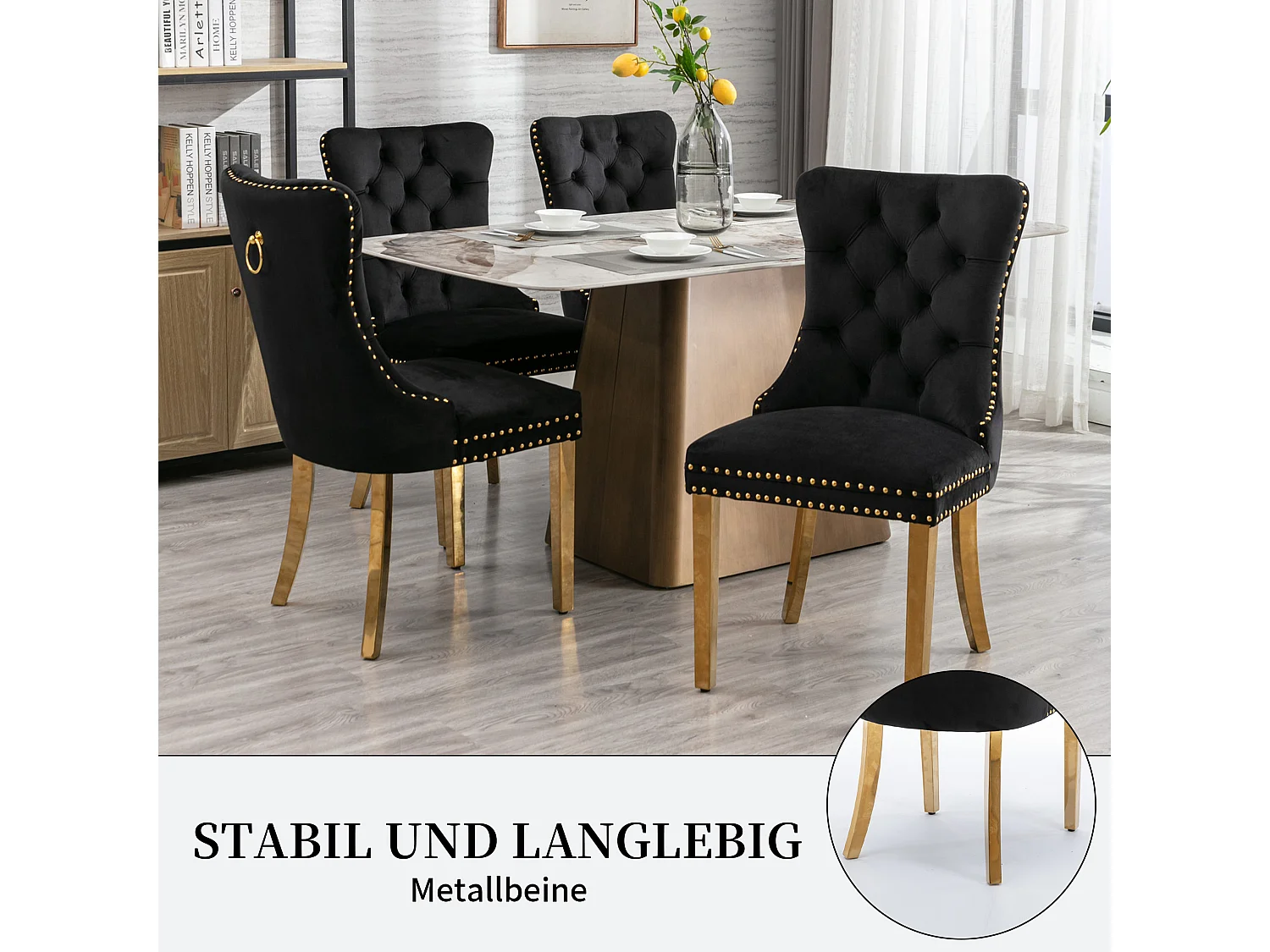 Set van 2 fluwelen eetkamerstoelen in Franse luxestijl met gecapitonneerde rug