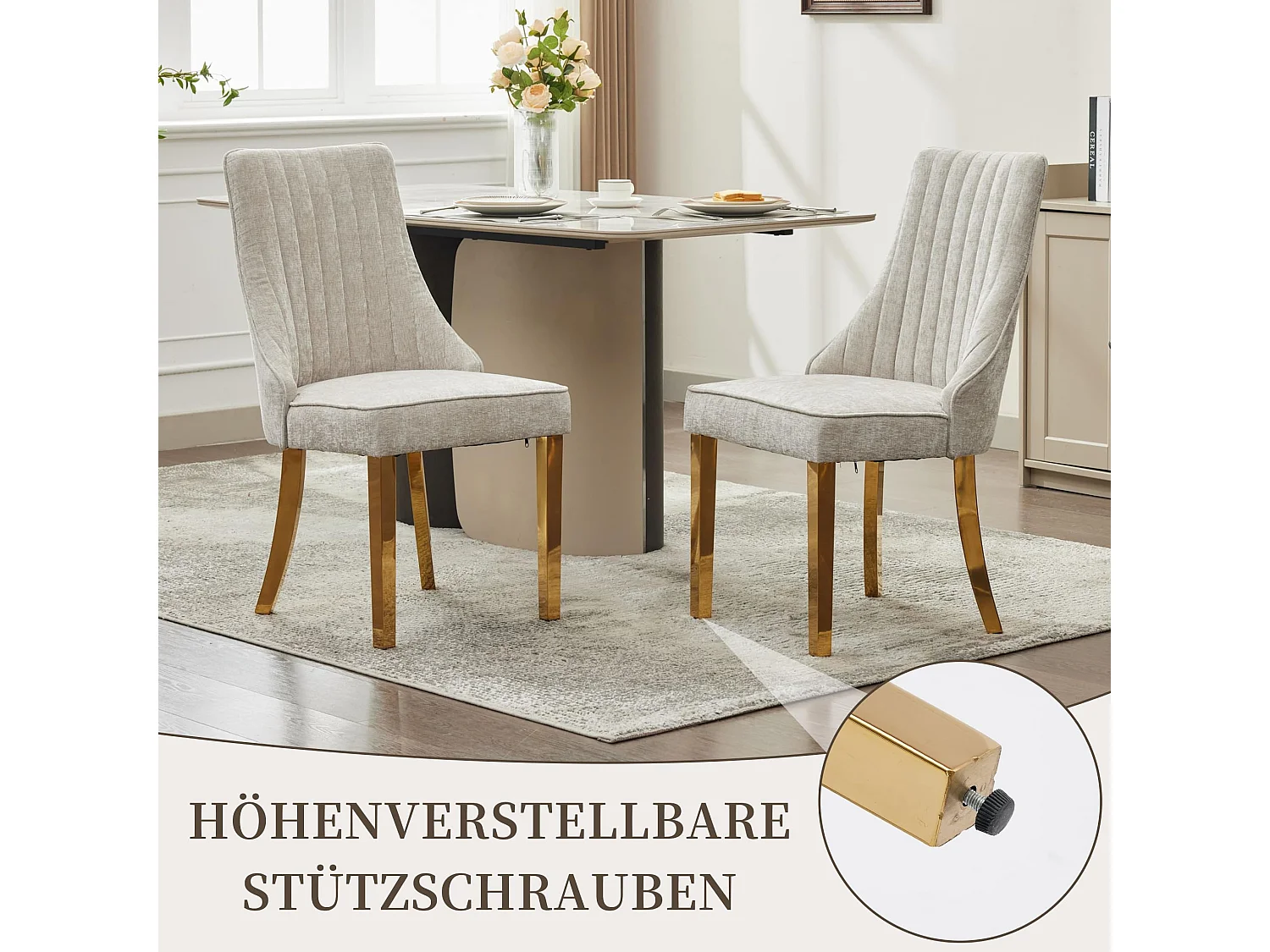 Esszimmerstühle 2er Set mit Chenille-Bezug, moderner Küchenstuhl mit geschwungenen Füßen und verstellbaren Fußpads, für Esszimmer, Küche und Schlafzimmer