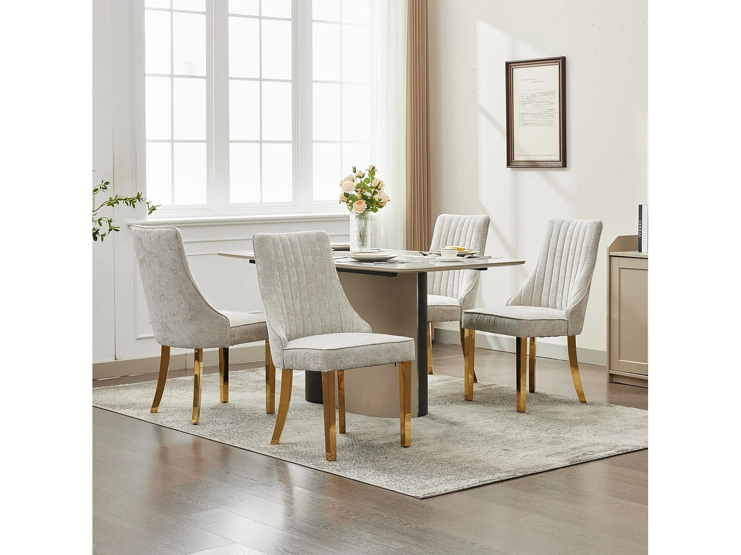 Lot de 2 chaises de salle à manger modernes en chenille avec haut dossier rainuré