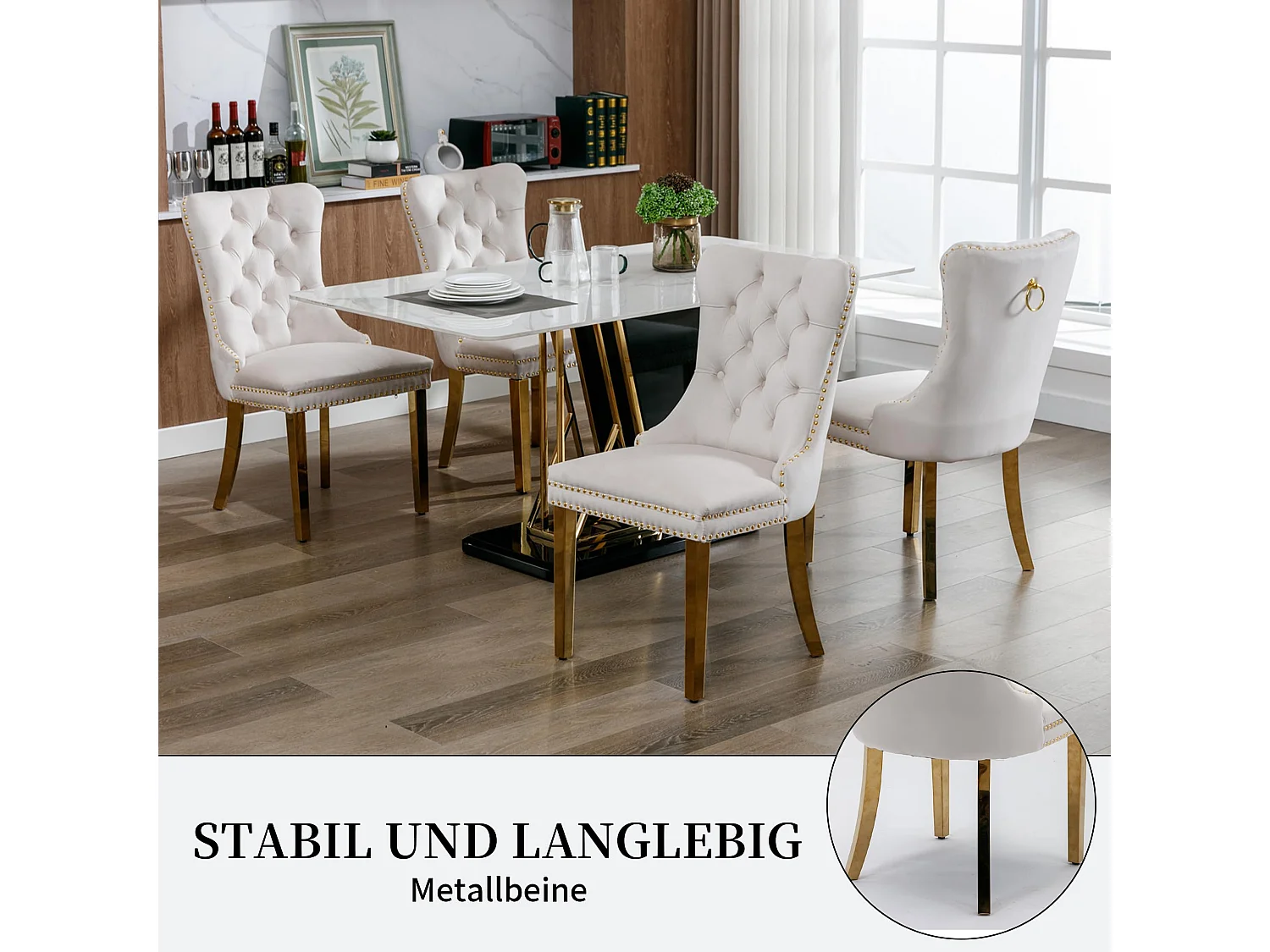 Esszimmerstühle 2er Set aus Samt, moderner Küchenstuhl, Polsterstuhl mit Ringgriff, Nieten und Knopf-Rückenlehne, Metallbein mit verstellbaren Fußpads