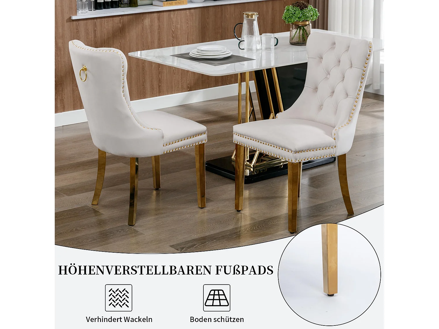 Esszimmerstühle 2er Set aus Samt, moderner Küchenstuhl, Polsterstuhl mit Ringgriff, Nieten und Knopf-Rückenlehne, Metallbein mit verstellbaren Fußpads