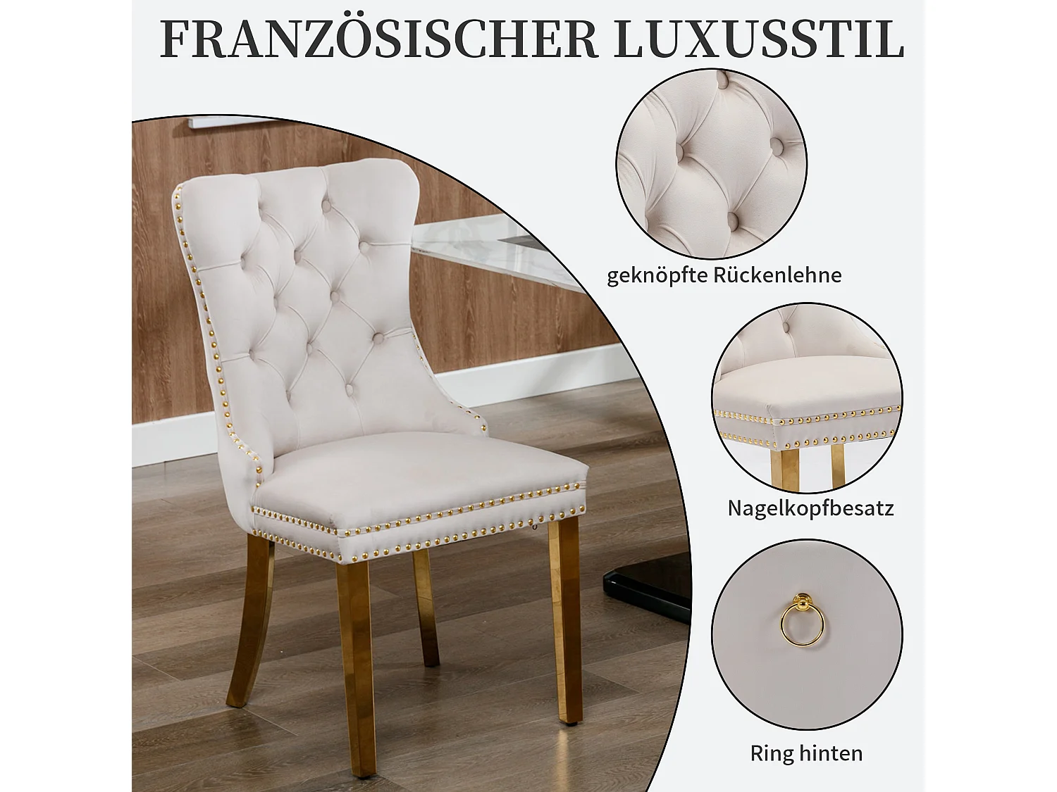 Set van 2 fluwelen eetkamerstoelen in Franse luxestijl met gecapitonneerde rug