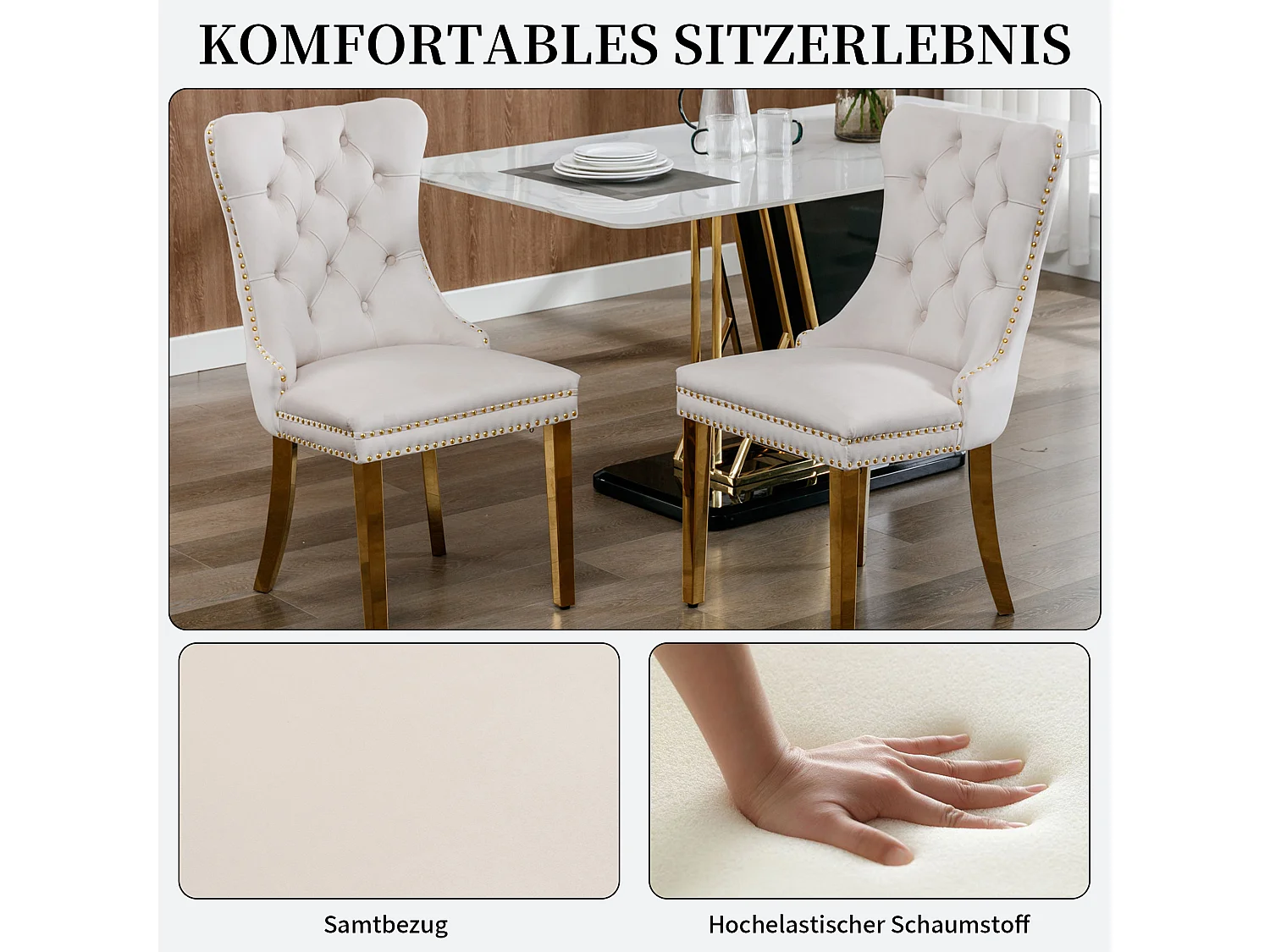 Set van 2 fluwelen eetkamerstoelen in Franse luxestijl met gecapitonneerde rug