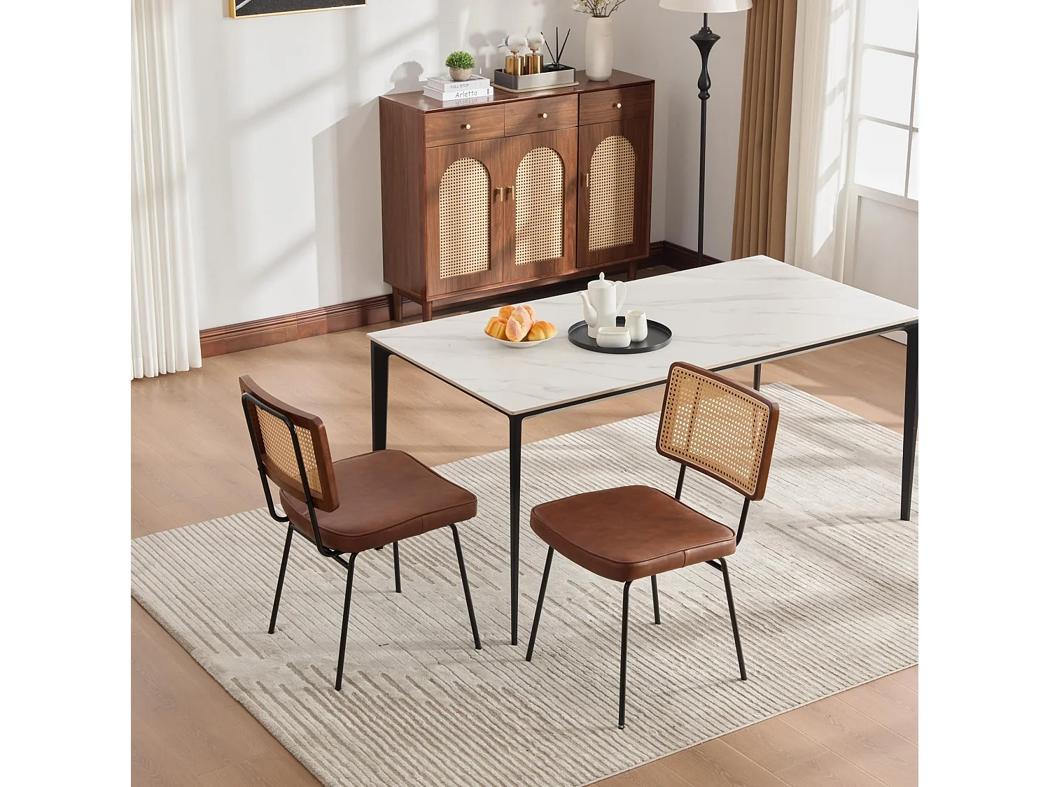 Vintage Industrial Esszimmerstuhl 2er Set, PE-Rattan Rücken, Kunstleder Polster, Metallrahmen, 120kg Belastbarkeit