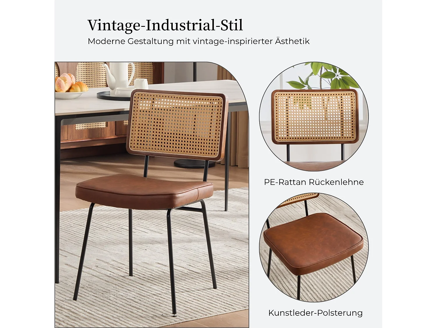 Vintage Industrial Esszimmerstuhl 2er Set, PE-Rattan Rücken, Kunstleder Polster, Metallrahmen, 120kg Belastbarkeit