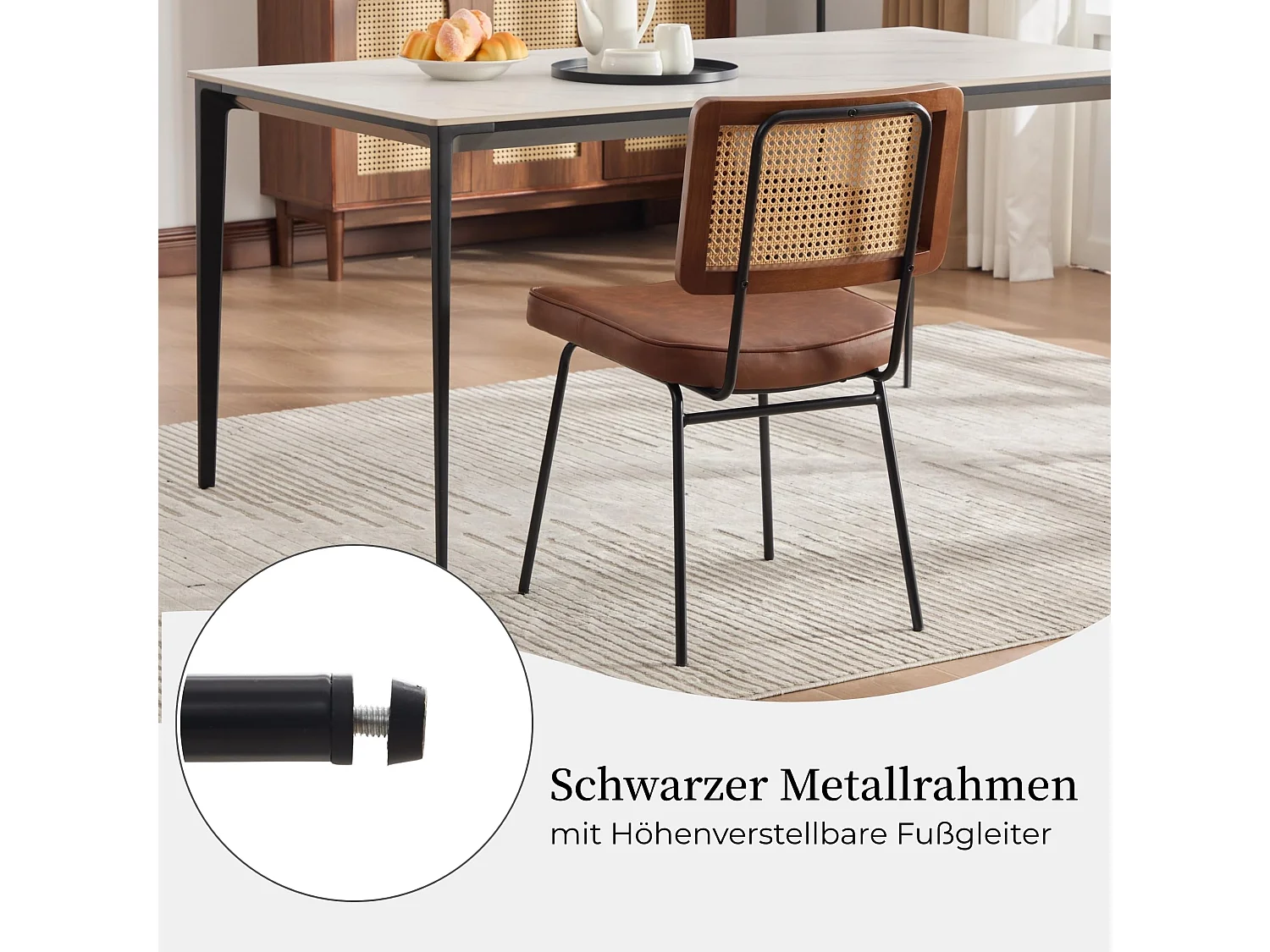 Vintage Industrial Esszimmerstuhl 2er Set, PE-Rattan Rücken, Kunstleder Polster, Metallrahmen, 120kg Belastbarkeit