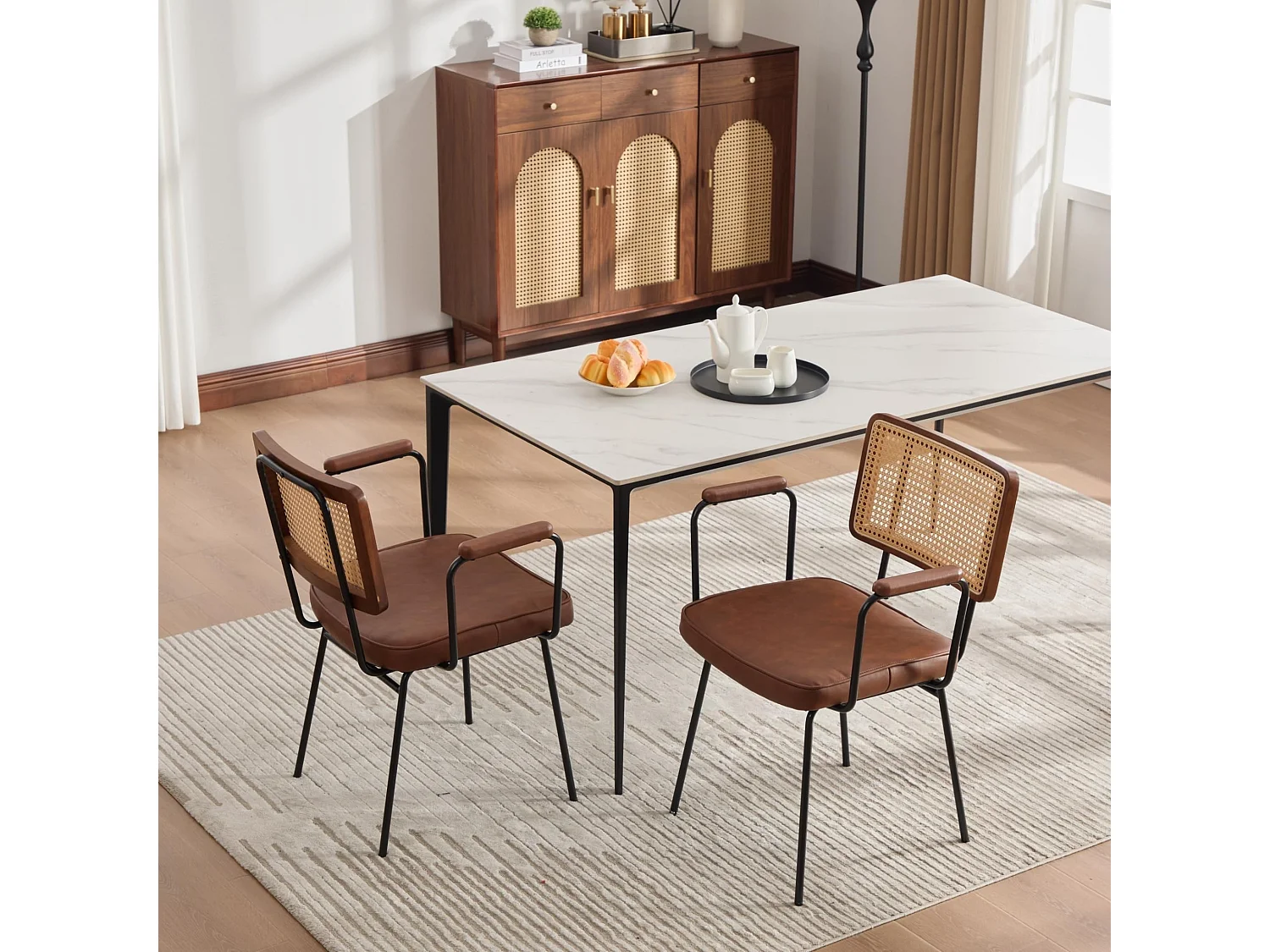 Vintage Industrial Esszimmerstuhl 2er Set, PE-Rattan Rücken, Kunstleder Polster, Metallrahmen, 105° Arm- und Rückenstütze, 120kg Belastbarkeit