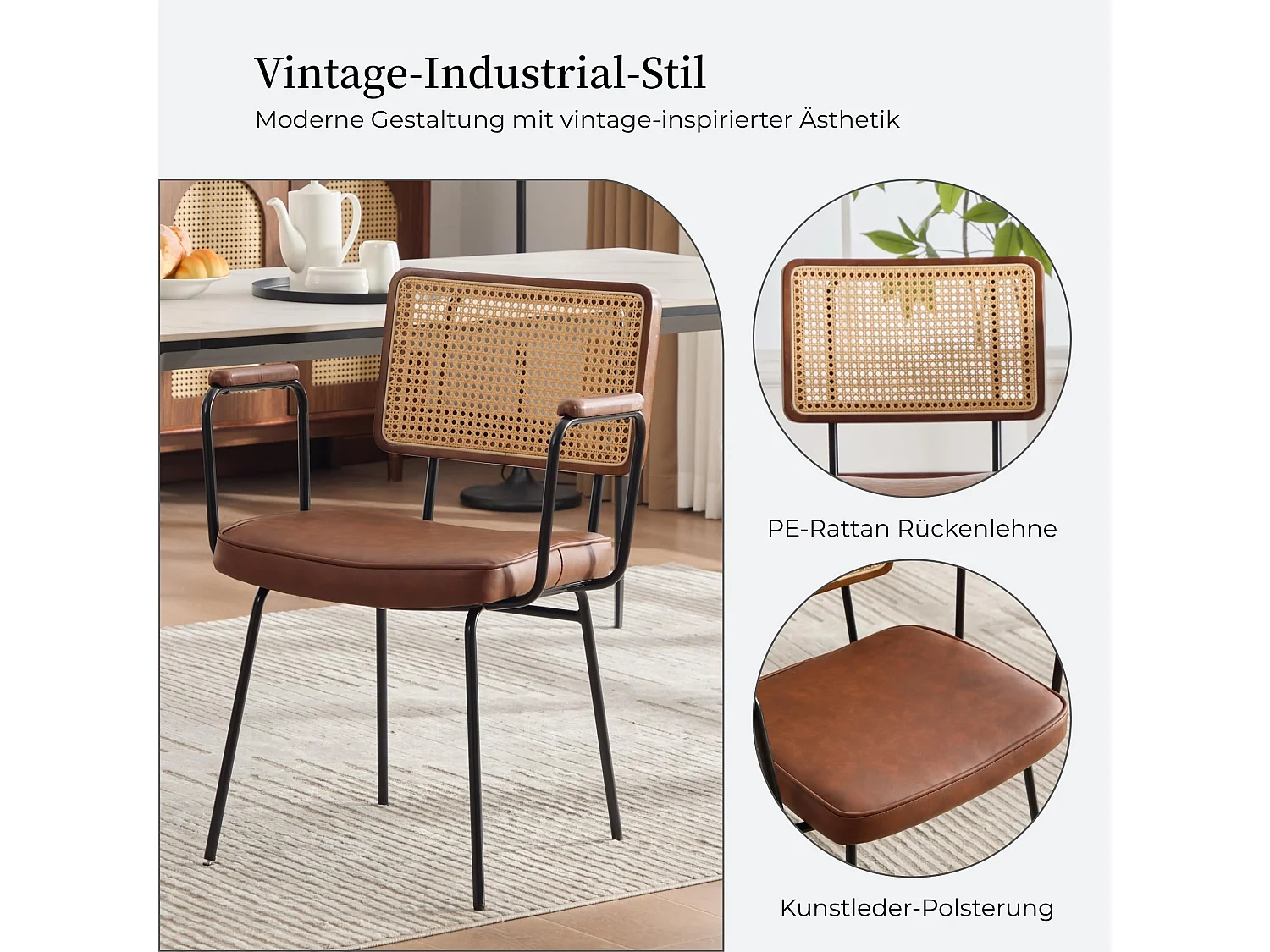 Vintage Industrial Esszimmerstuhl 2er Set, PE-Rattan Rücken, Kunstleder Polster, Metallrahmen, 105° Arm- und Rückenstütze, 120kg Belastbarkeit