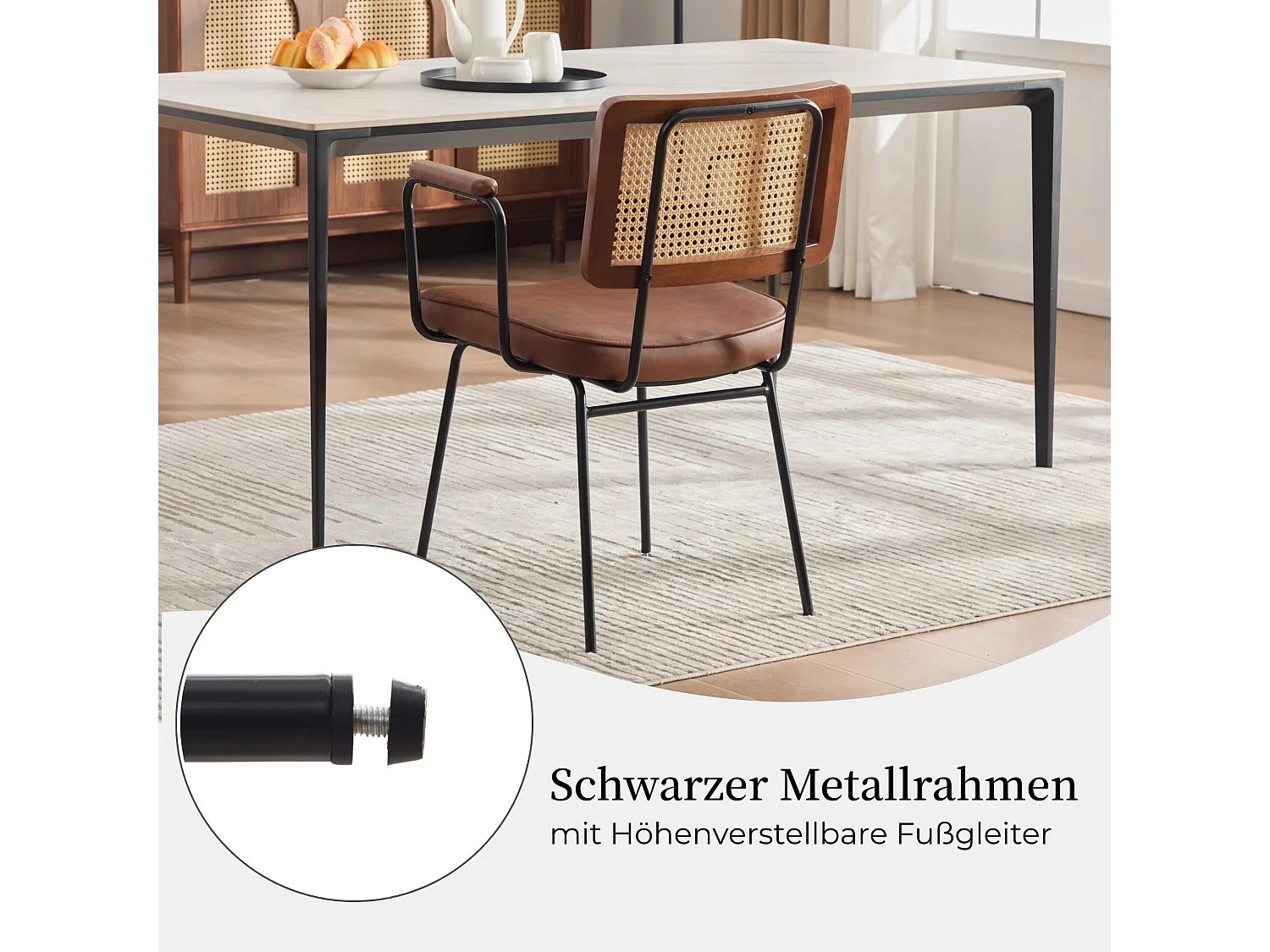 Vintage Industrial Esszimmerstuhl 2er Set, PE-Rattan Rücken, Kunstleder Polster, Metallrahmen, 105° Arm- und Rückenstütze, 120kg Belastbarkeit
