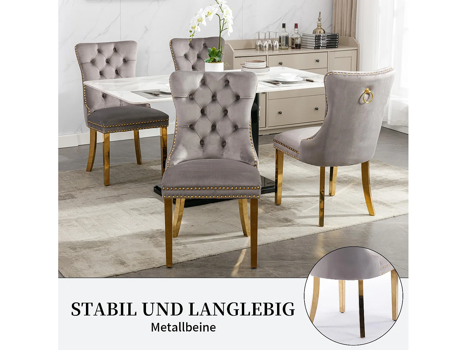 Esszimmerstühle 2er Set aus Samt, moderner Küchenstuhl, Polsterstuhl mit Ringgriff, Nieten und Knopf-Rückenlehne, Metallbein mit verstellbaren Fußpads