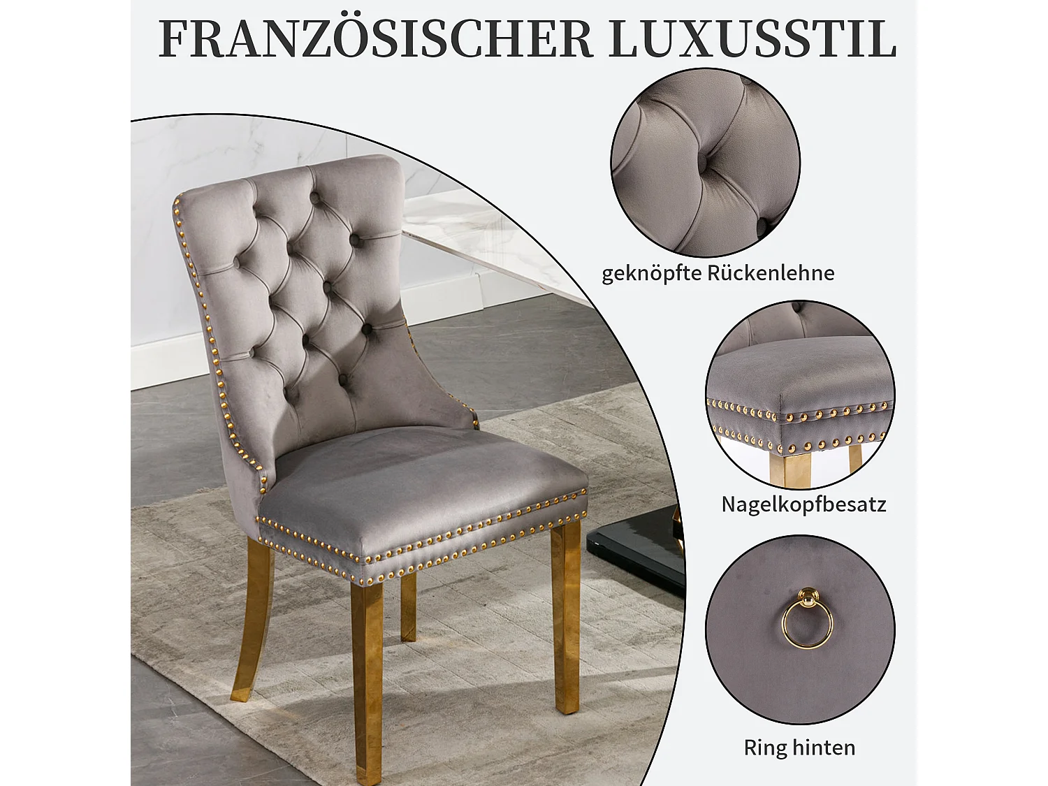 Set van 2 fluwelen eetkamerstoelen in Franse luxestijl met gecapitonneerde rug