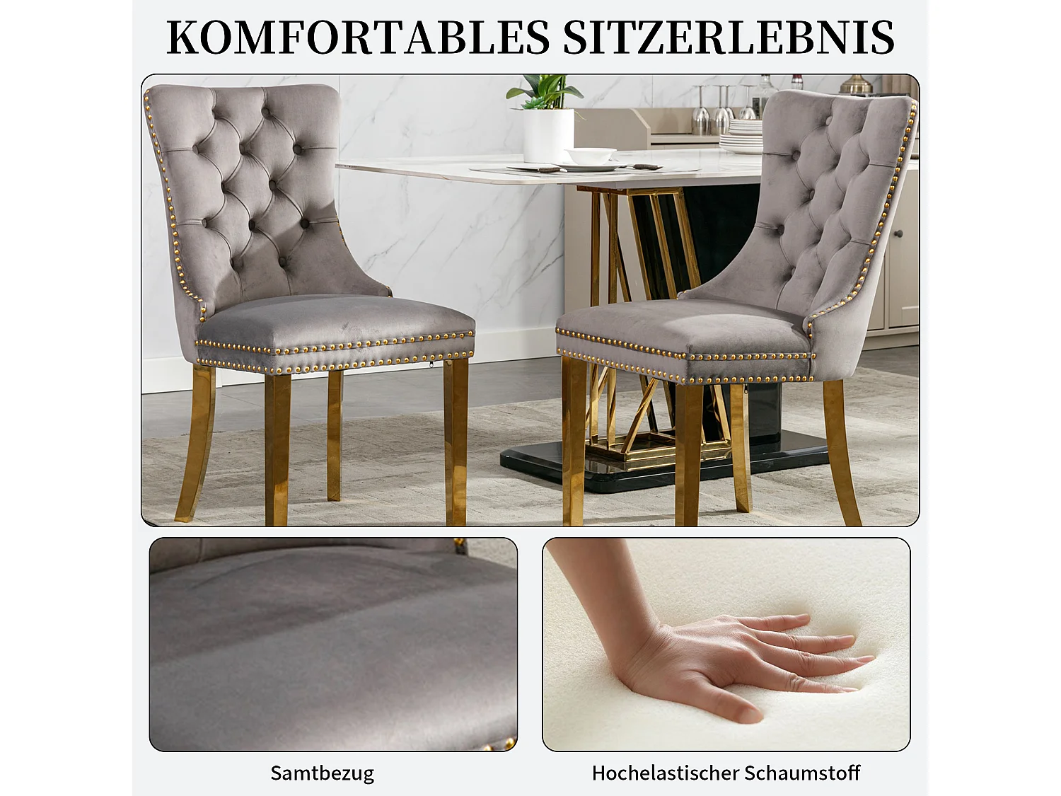 Set van 2 fluwelen eetkamerstoelen in Franse luxestijl met gecapitonneerde rug