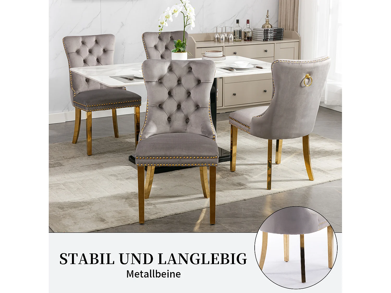 Set van 2 fluwelen eetkamerstoelen in Franse luxestijl met gecapitonneerde rug