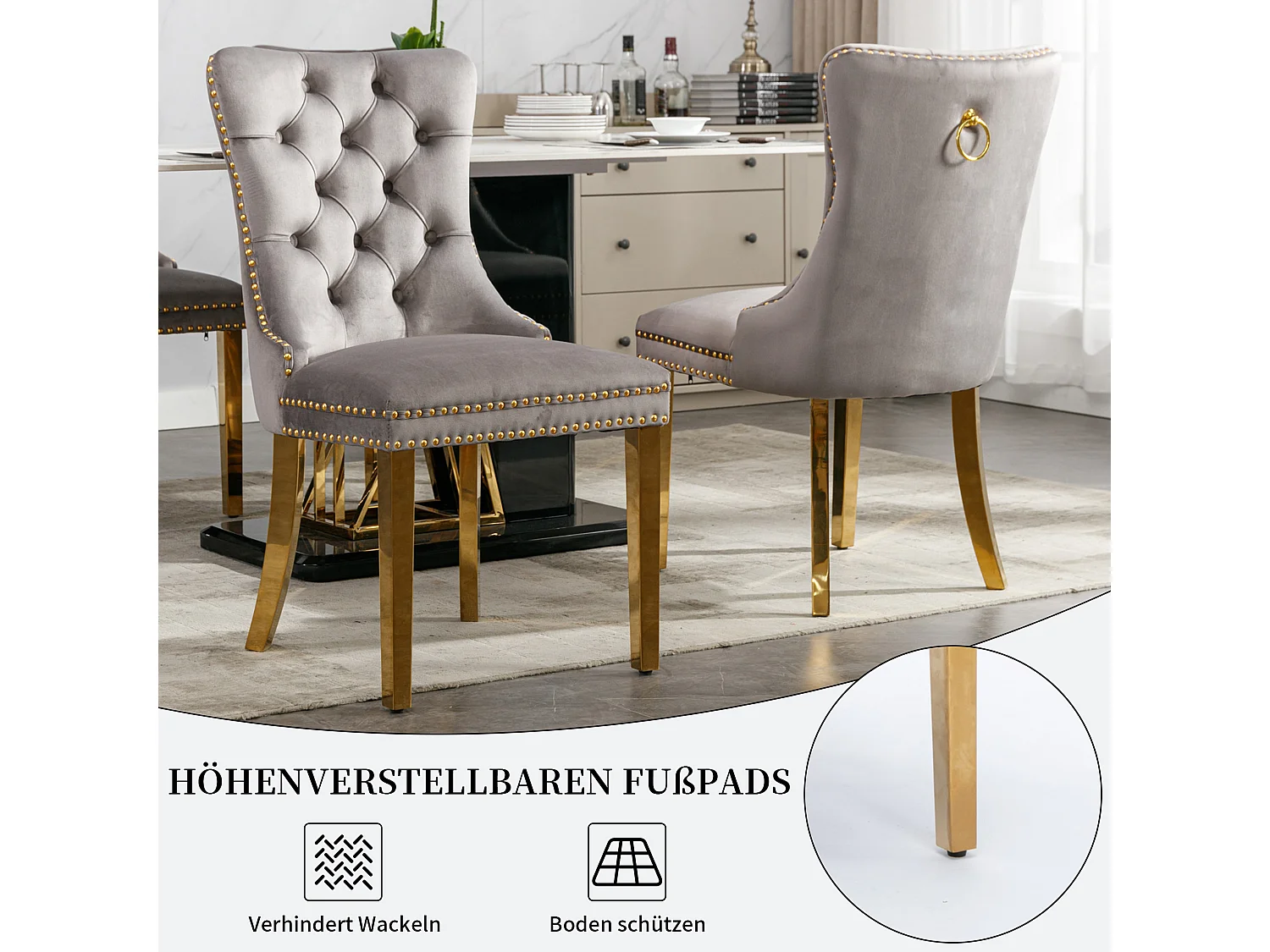 Set van 2 fluwelen eetkamerstoelen in Franse luxestijl met gecapitonneerde rug