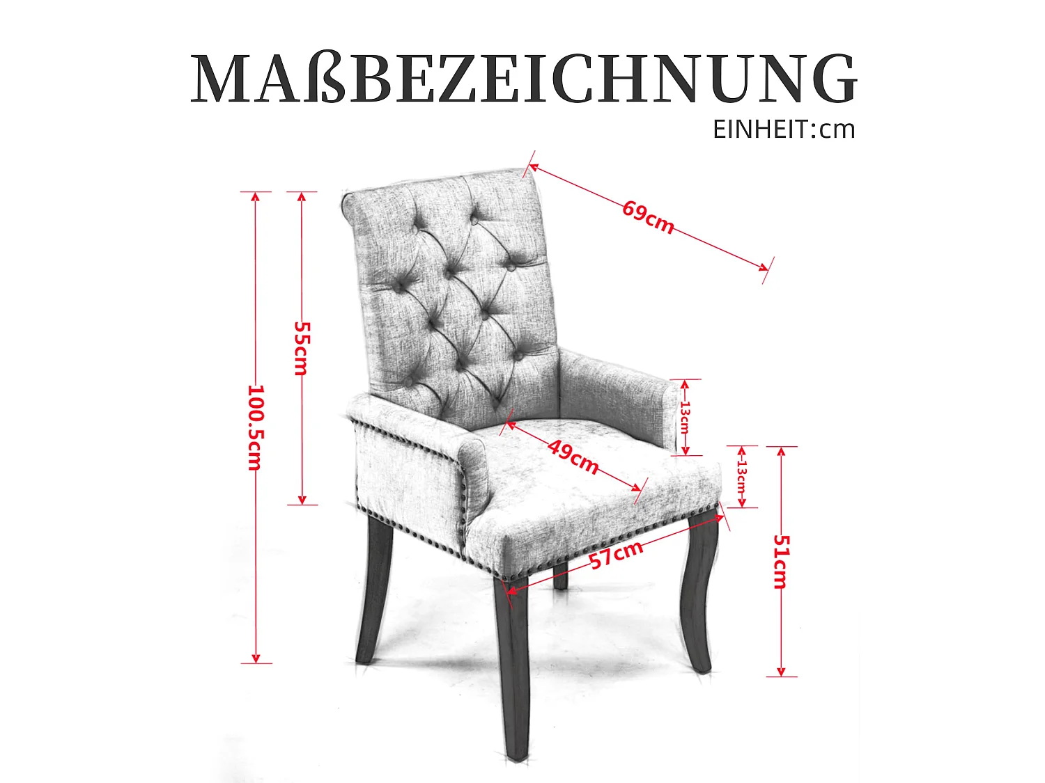 Esszimmerstuhl mit Armlehnen Chenille Polsterstuhl mit Verstellbaren Massivholzbeinen, Einzelsitz, in französischem Luxusstil, Rückenlehne mit Knopfheftung