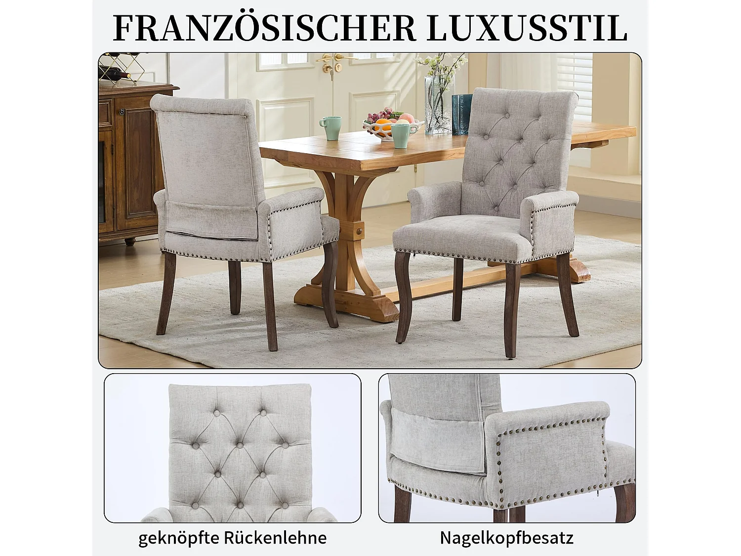 Esszimmerstuhl mit Armlehnen Chenille Polsterstuhl mit Verstellbaren Massivholzbeinen, Einzelsitz, in französischem Luxusstil, Rückenlehne mit Knopfheftung