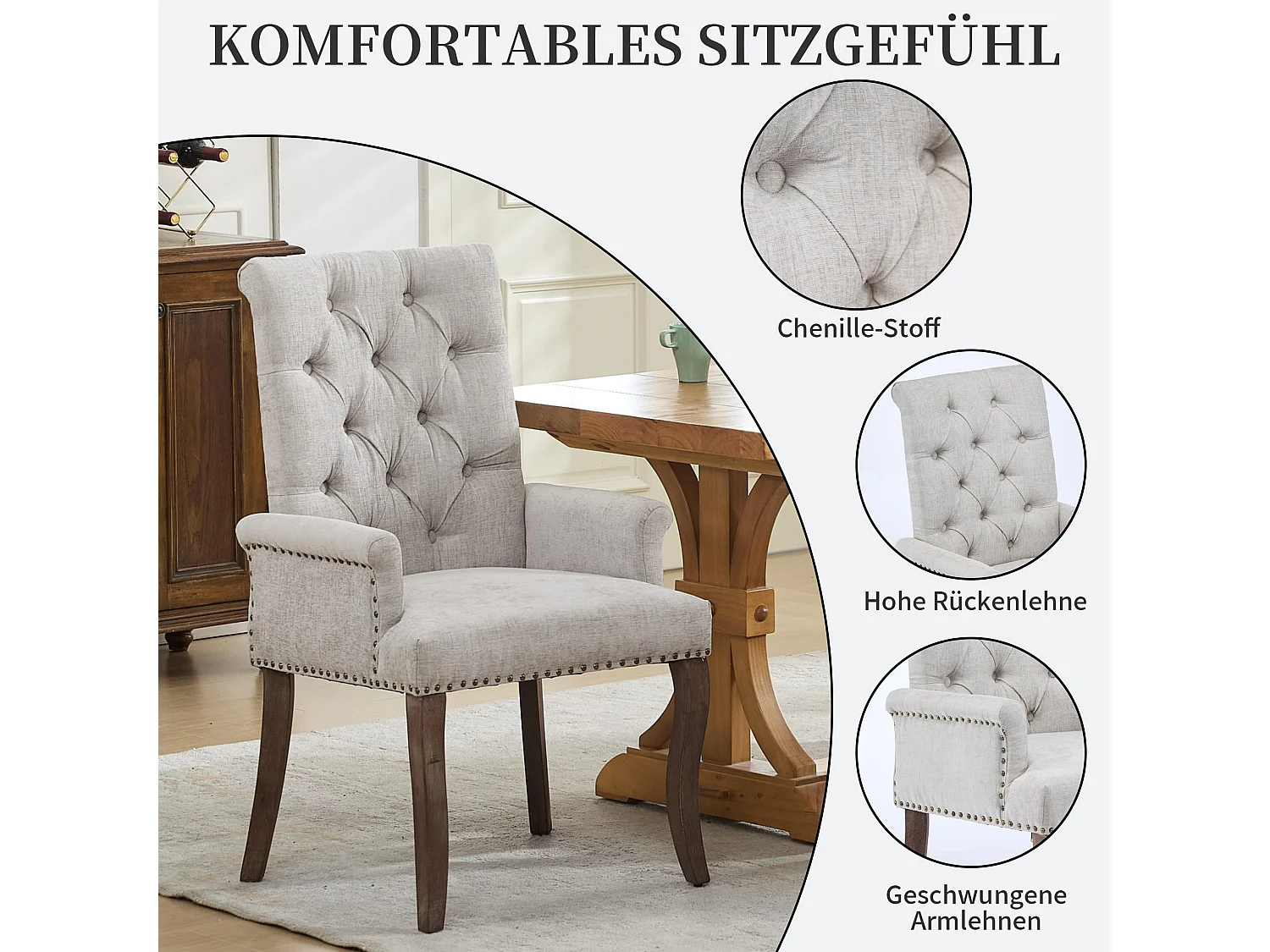 Esszimmerstuhl mit Armlehnen Chenille Polsterstuhl mit Verstellbaren Massivholzbeinen, Einzelsitz, in französischem Luxusstil, Rückenlehne mit Knopfheftung