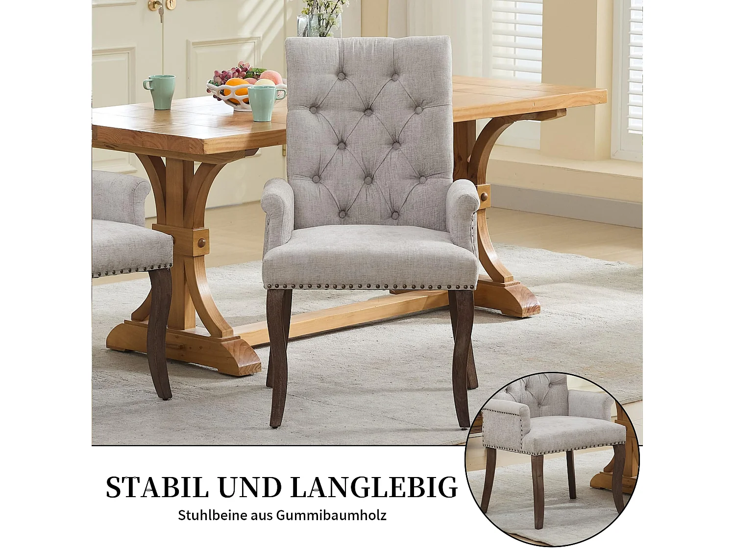 Esszimmerstuhl mit Armlehnen Chenille Polsterstuhl mit Verstellbaren Massivholzbeinen, Einzelsitz, in französischem Luxusstil, Rückenlehne mit Knopfheftung