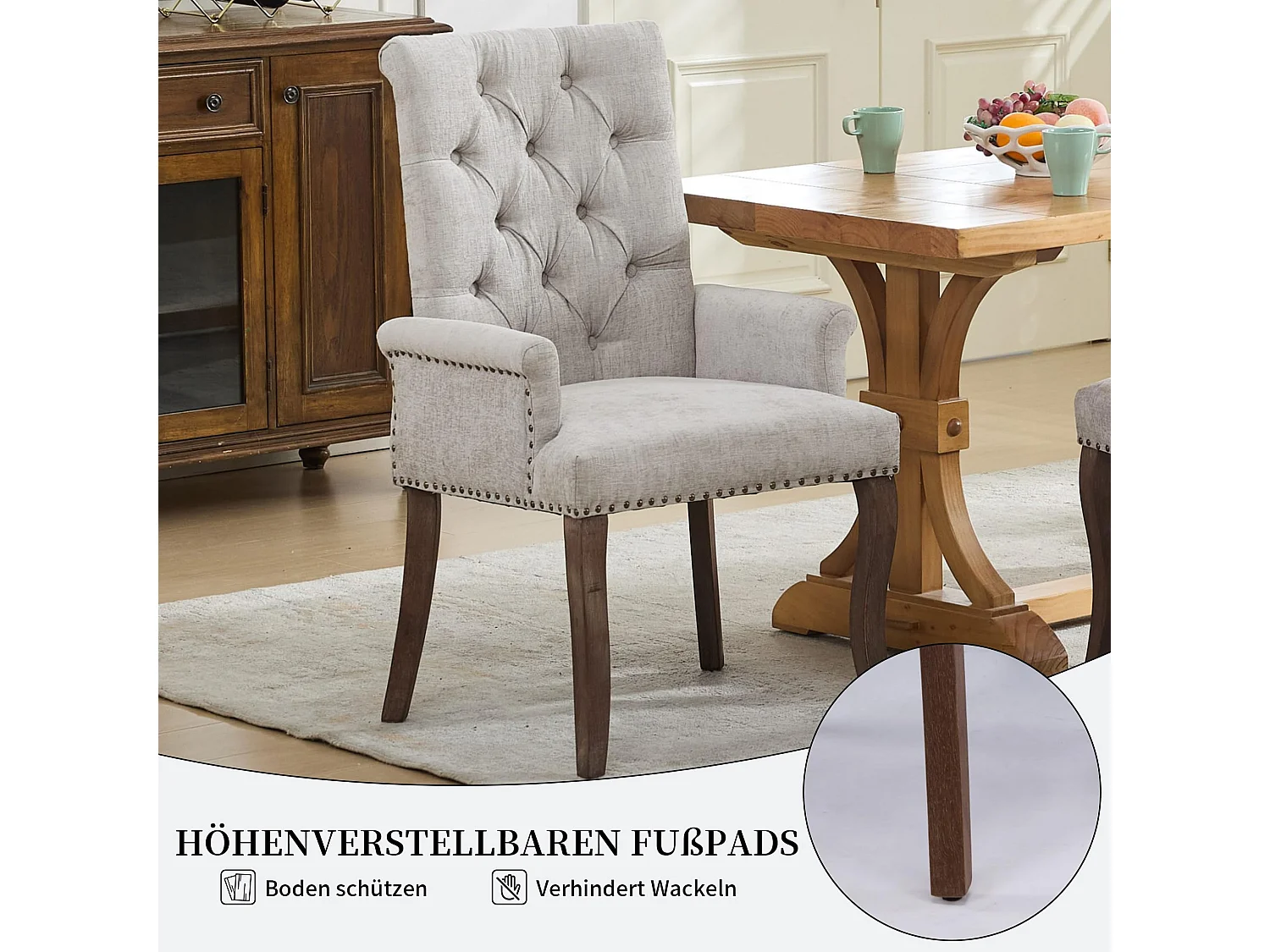 Esszimmerstuhl mit Armlehnen Chenille Polsterstuhl mit Verstellbaren Massivholzbeinen, Einzelsitz, in französischem Luxusstil, Rückenlehne mit Knopfheftung