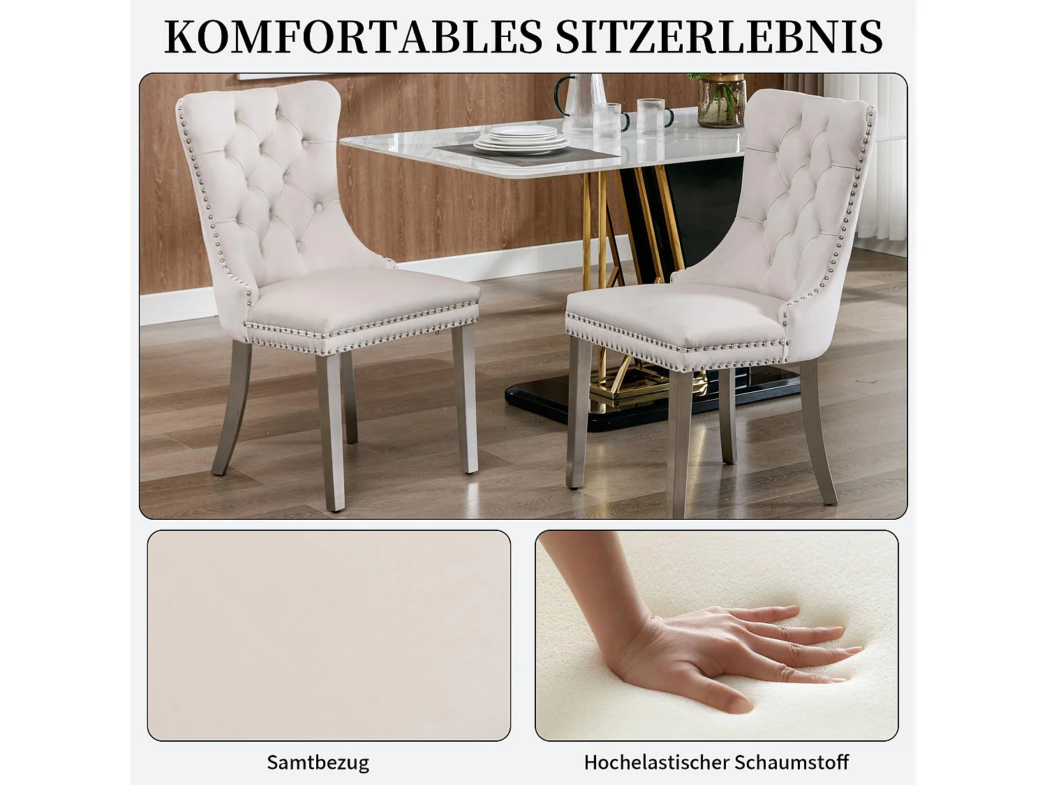 Esszimmerstühle 2er Set aus Samt, moderner Küchenstuhl, Polsterstuhl mit Ringgriff, Nieten und Knopf-Rückenlehne, Metallbein mit verstellbaren Fußpads