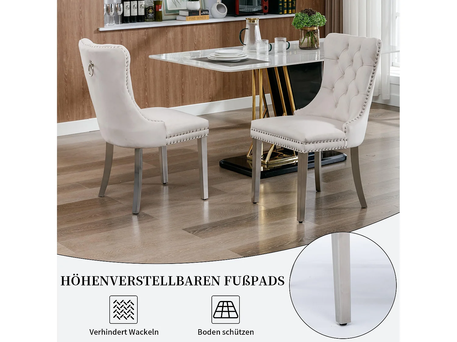 Esszimmerstühle 2er Set aus Samt, moderner Küchenstuhl, Polsterstuhl mit Ringgriff, Nieten und Knopf-Rückenlehne, Metallbein mit verstellbaren Fußpads