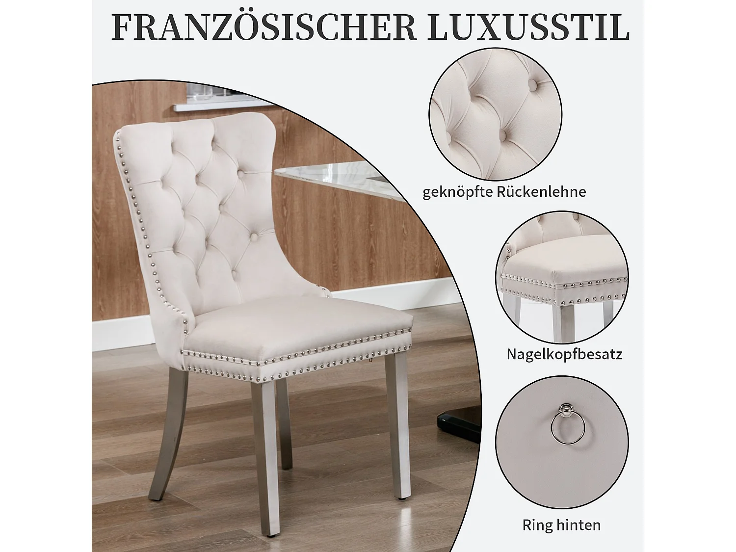 Set van 2 fluwelen eetkamerstoelen in Franse luxestijl met gecapitonneerde rug