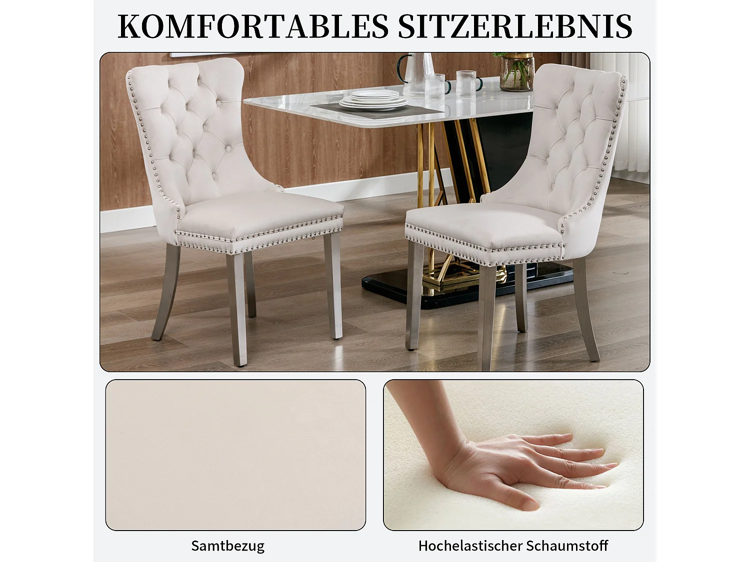 Set van 2 fluwelen eetkamerstoelen in Franse luxestijl met gecapitonneerde rug