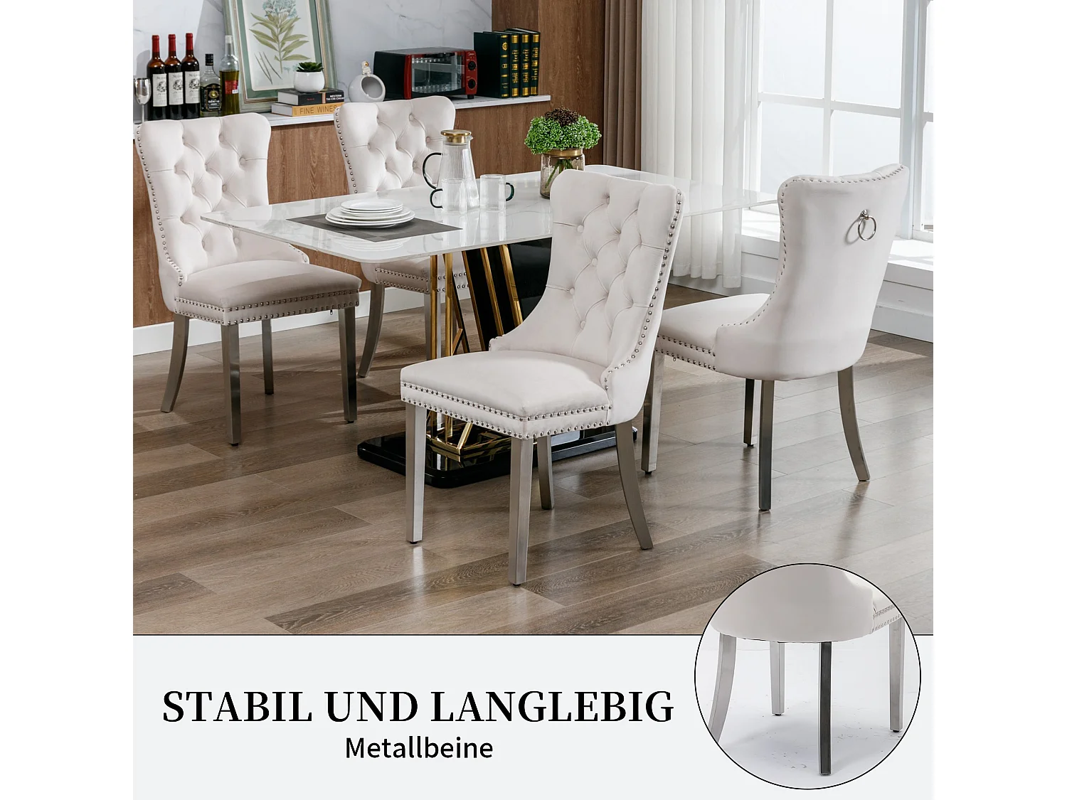 Set van 2 fluwelen eetkamerstoelen in Franse luxestijl met gecapitonneerde rug