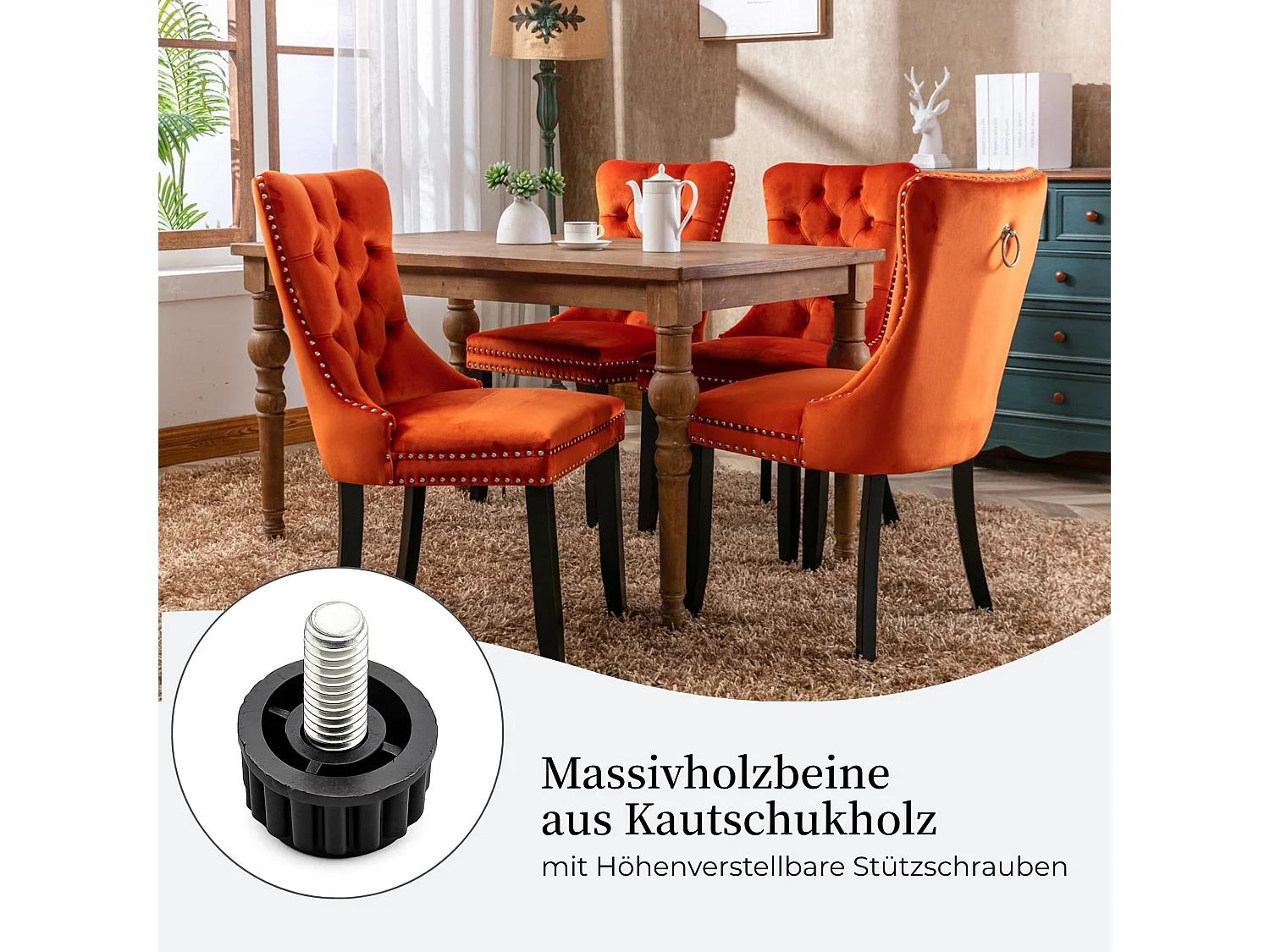 Esszimmerstühle 2er-Set Küchenstuhl Samtbezug, Holzfüße mit Verstellbaren Schrauben, Polsterstuhl mit Ringgriff, Niete und Knopf-Rückenlehne