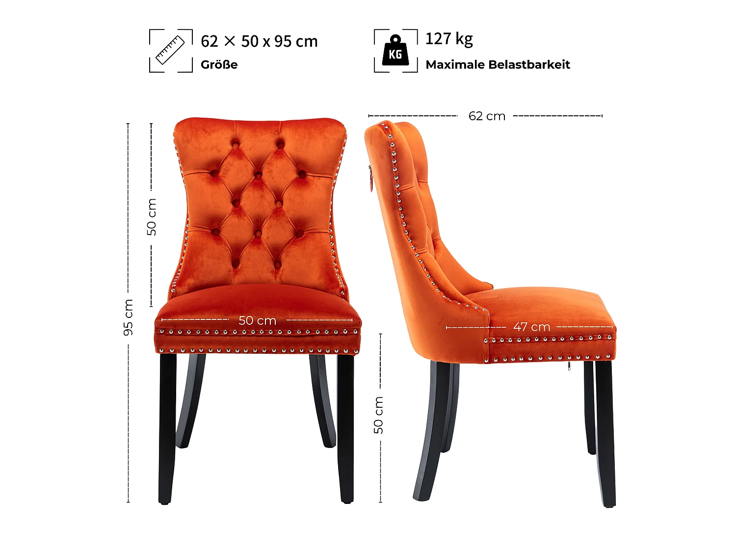 Set van 2 fluwelen eetkamerstoelen met hoge rugleuning en knoopdetails