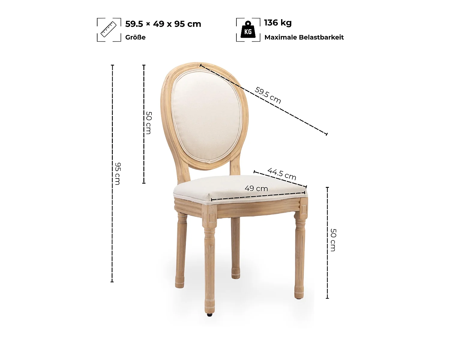Chaises de Salle à Manger au Design Français Ensemble de 2 avec Dossier Ovale, Cadre en Bois Massif, Revêtement en Lin