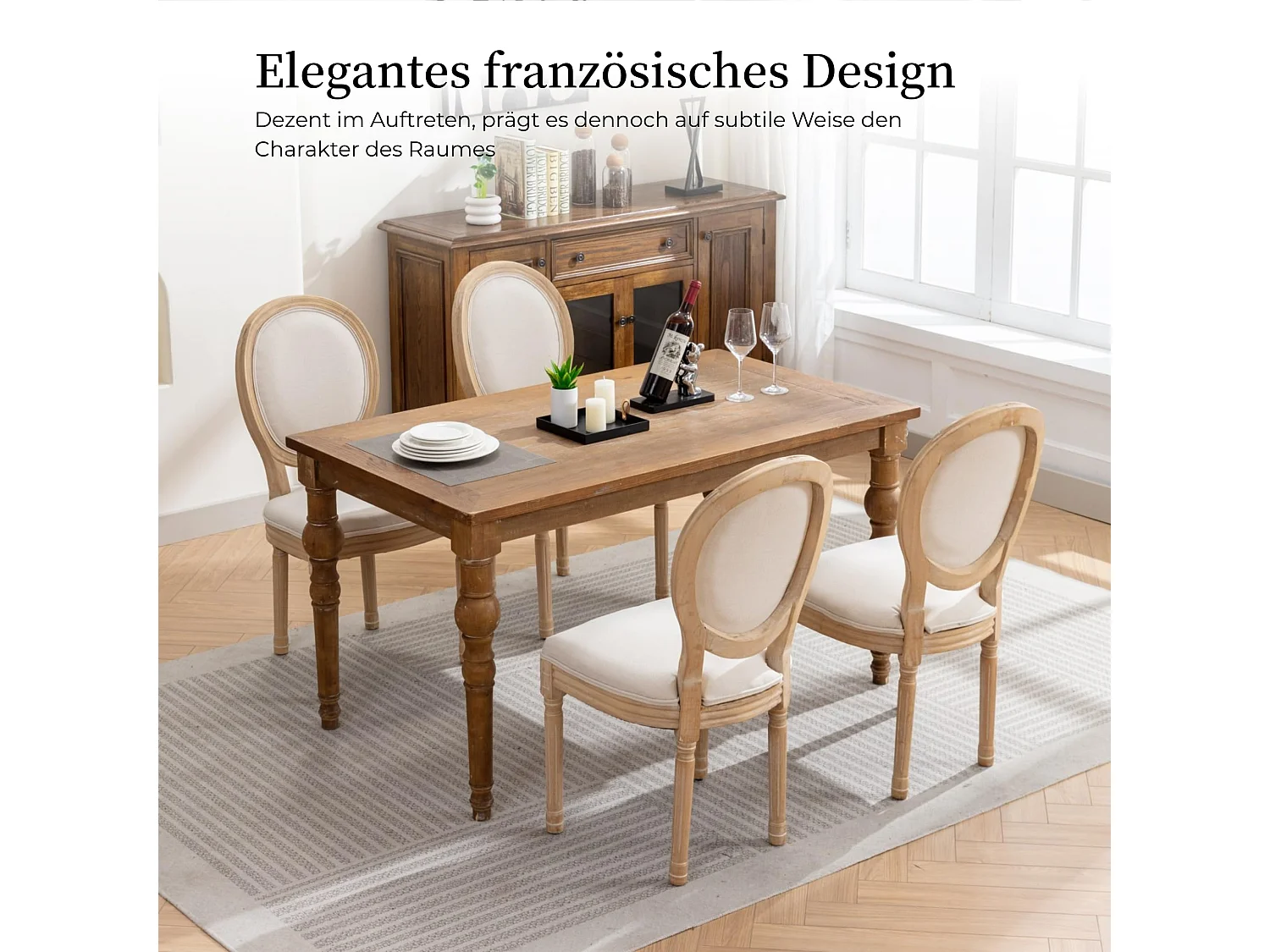 Chaises de Salle à Manger au Design Français Ensemble de 2 avec Dossier Ovale, Cadre en Bois Massif, Revêtement en Lin