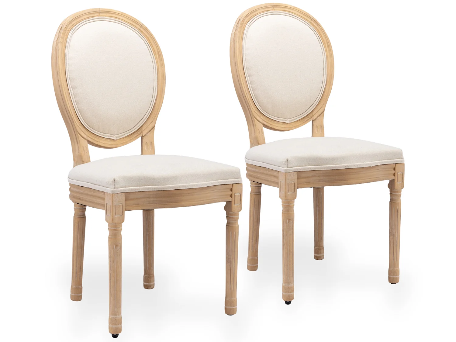 Chaises de Salle à Manger au Design Français Ensemble de 2 avec Dossier Ovale, Cadre en Bois Massif, Revêtement en Lin