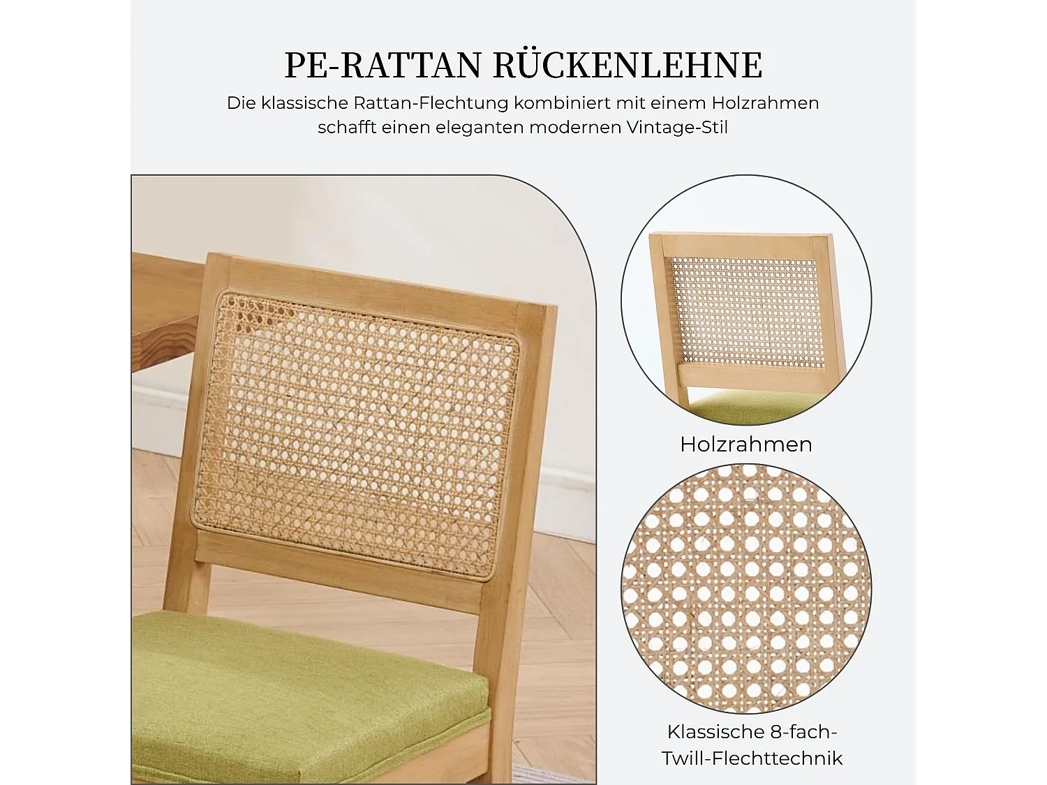 Esszimmerstühle 2er Set Küchenstuhl mit Rattan Rückenlehne, Massivholzbeine mit Filzfüßen, Gepolsterter Leinen Sitz, Boho Landhausstil