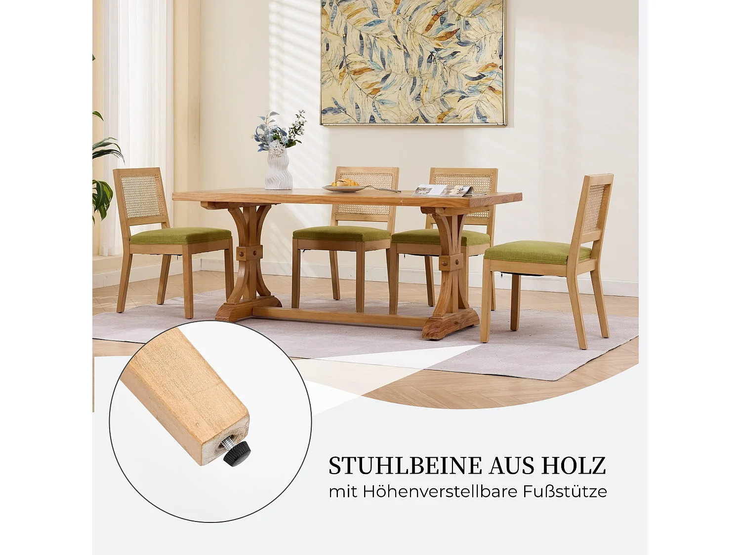 Esszimmerstühle 2er Set Küchenstuhl mit Rattan Rückenlehne, Massivholzbeine mit Filzfüßen, Gepolsterter Leinen Sitz, Boho Landhausstil