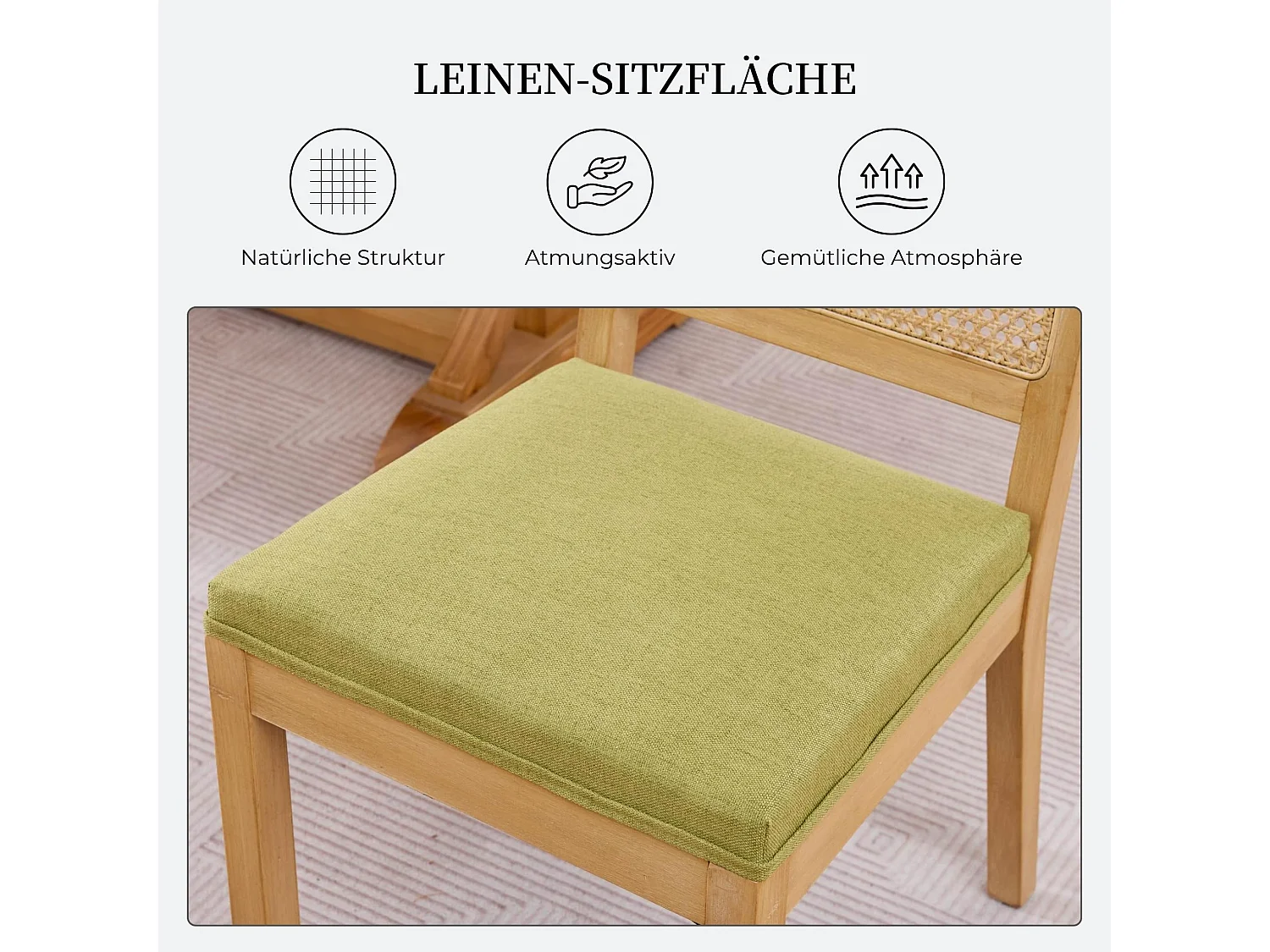 Esszimmerstühle 2er Set Küchenstuhl mit Rattan Rückenlehne, Massivholzbeine mit Filzfüßen, Gepolsterter Leinen Sitz, Boho Landhausstil
