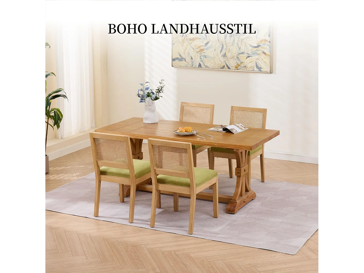 Esszimmerstühle 2er Set Küchenstuhl mit Rattan Rückenlehne, Massivholzbeine mit Filzfüßen, Gepolsterter Leinen Sitz, Boho Landhausstil
