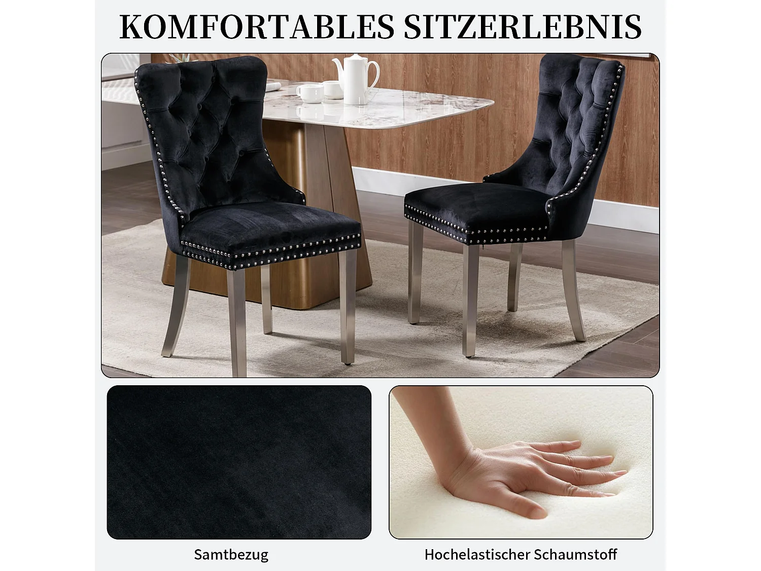 Esszimmerstühle 2er Set aus Samt, moderner Küchenstuhl, Polsterstuhl mit Ringgriff, Nieten und Knopf-Rückenlehne, Metallbein mit verstellbaren Fußpads