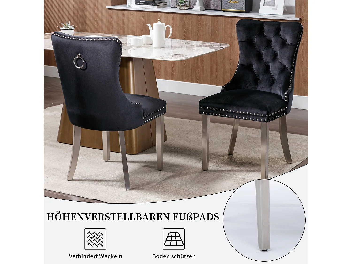 Esszimmerstühle 2er Set aus Samt, moderner Küchenstuhl, Polsterstuhl mit Ringgriff, Nieten und Knopf-Rückenlehne, Metallbein mit verstellbaren Fußpads