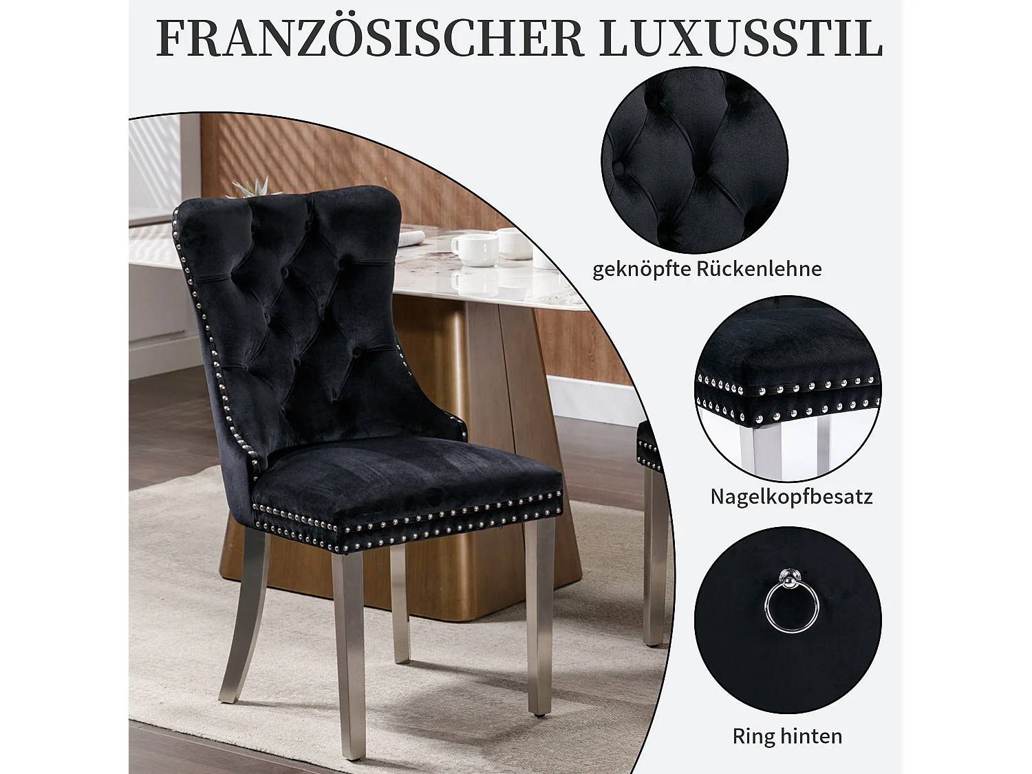 Set van 2 fluwelen eetkamerstoelen in Franse luxestijl met gecapitonneerde rug